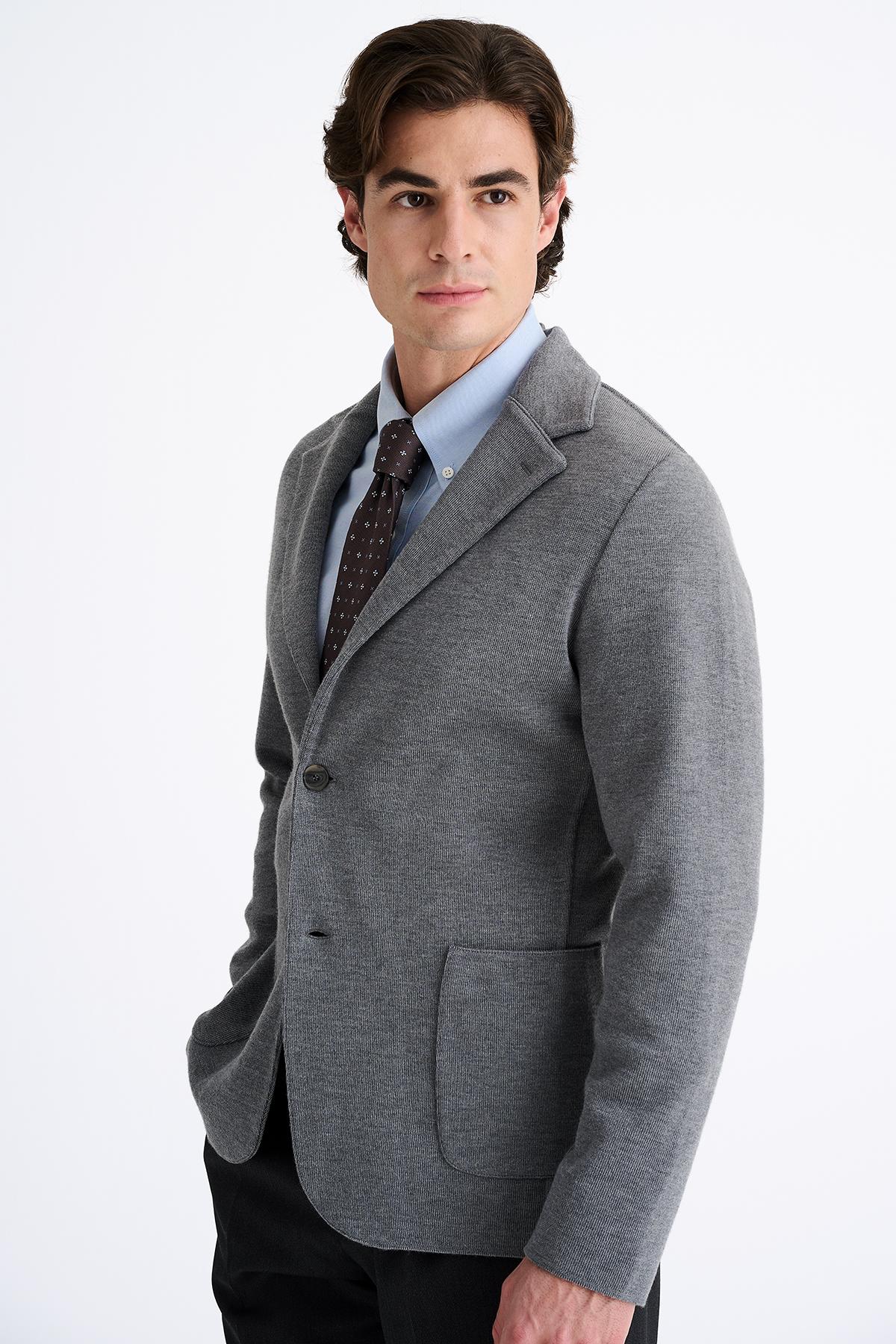 Erkek Gri Extrafine Yün Triko Ceket