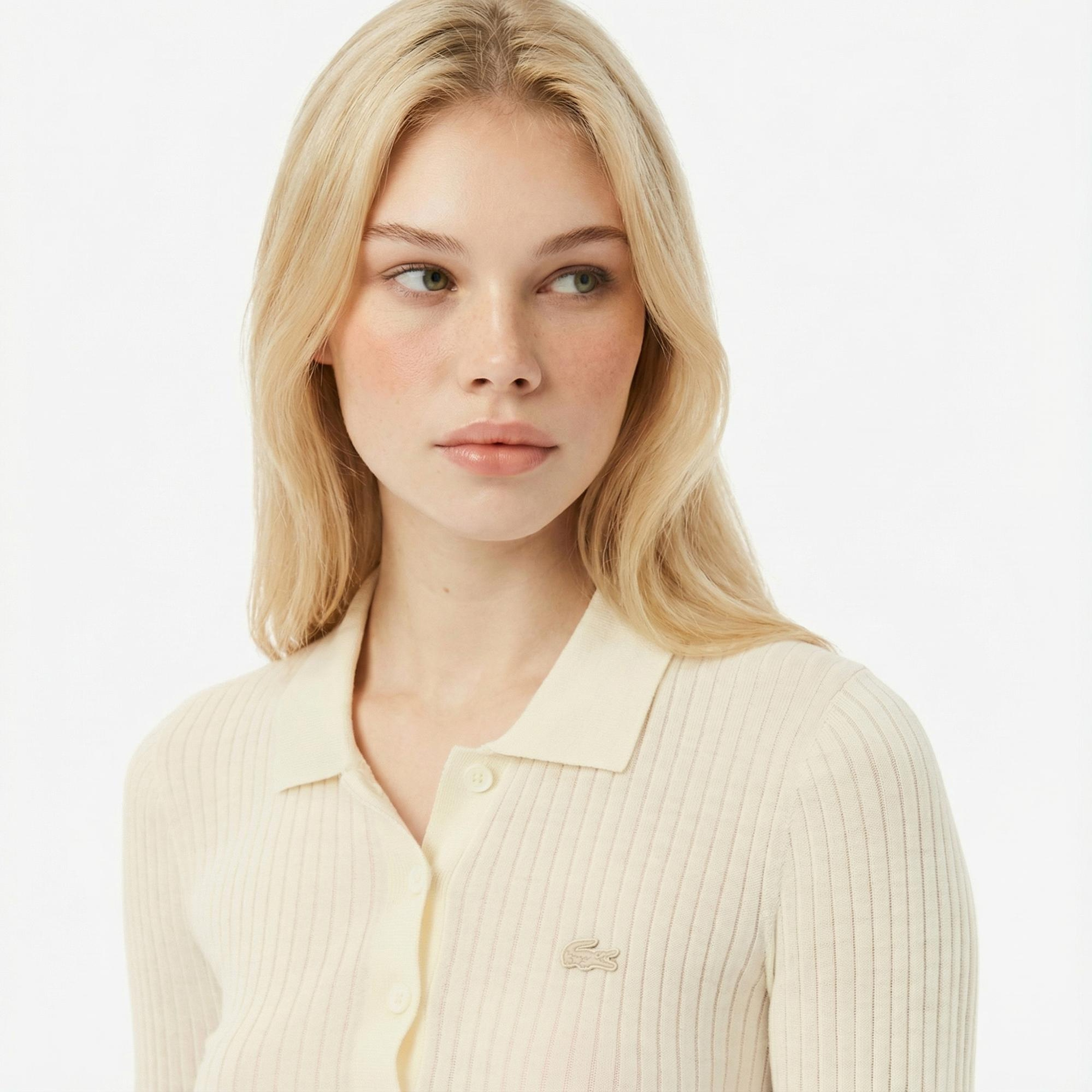 Lacoste Kadın Regular Fit Polo Yaka Krem Kazak