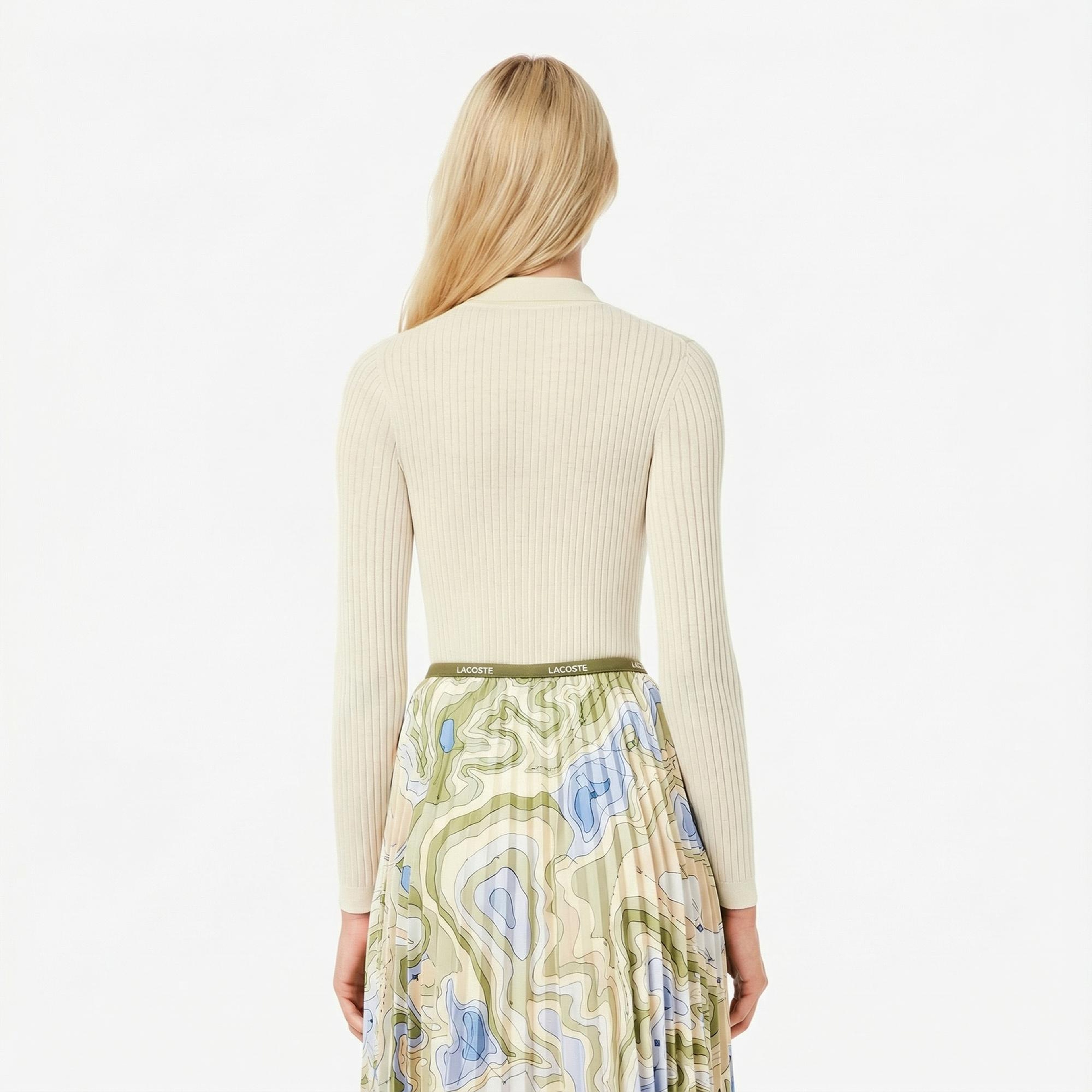 Lacoste Kadın Regular Fit Polo Yaka Krem Kazak