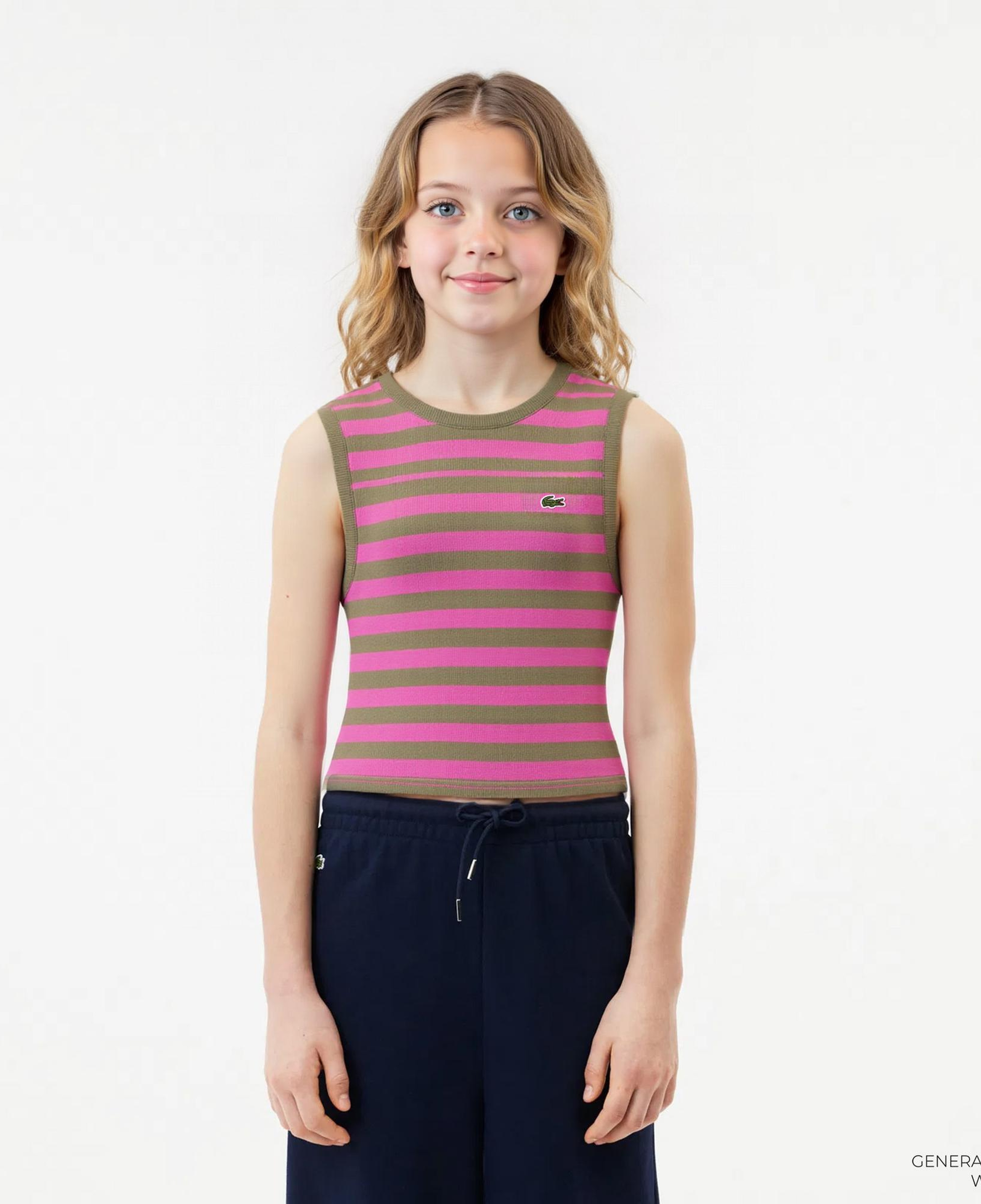 Lacoste Kız Çocuk Kolsuz Bisiklet Yaka Baskılı Kahverengi T-Shirt