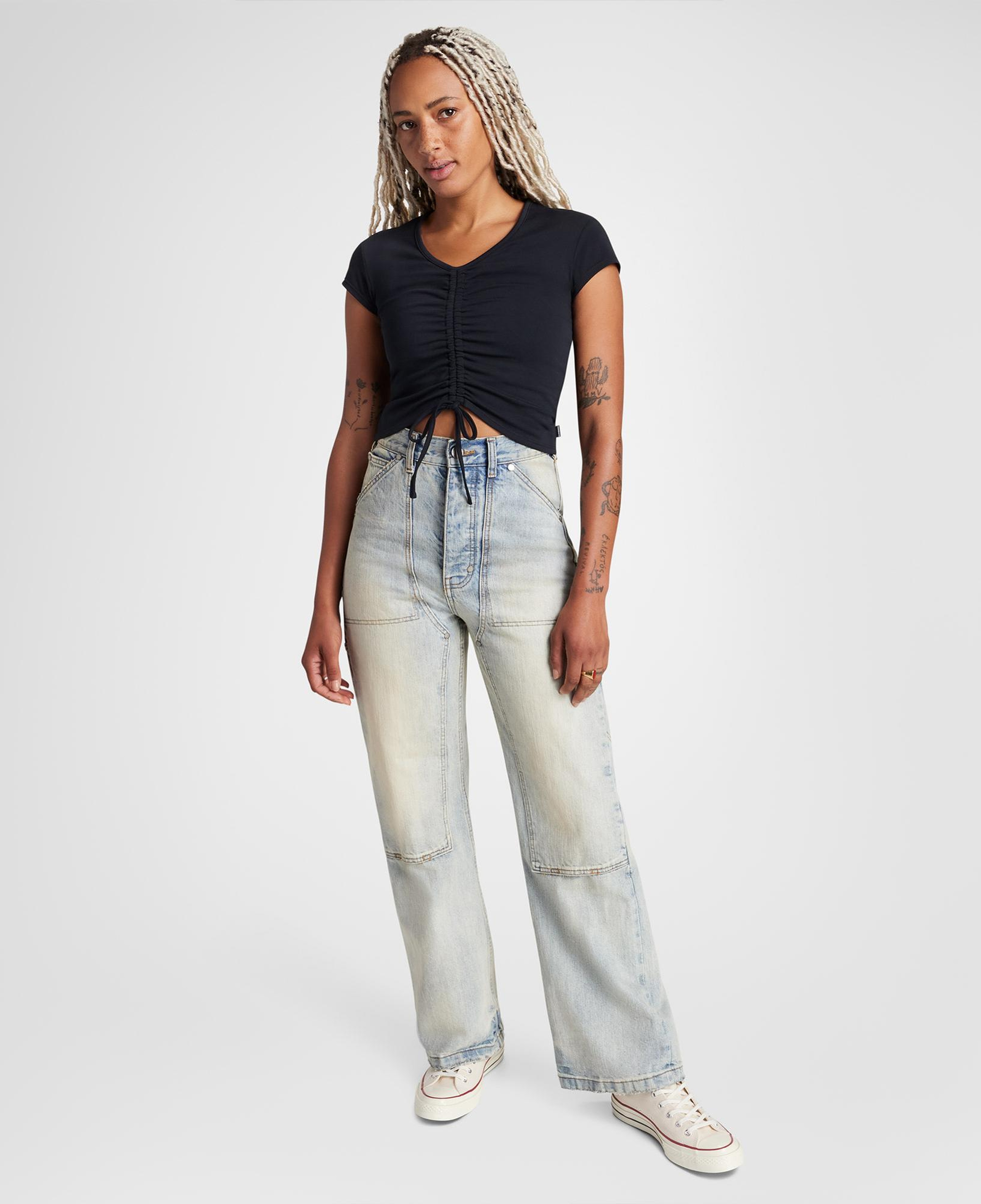 Converse Classic Kadın Slim Fit V Yaka Büzgülü Siyah T-Shirt