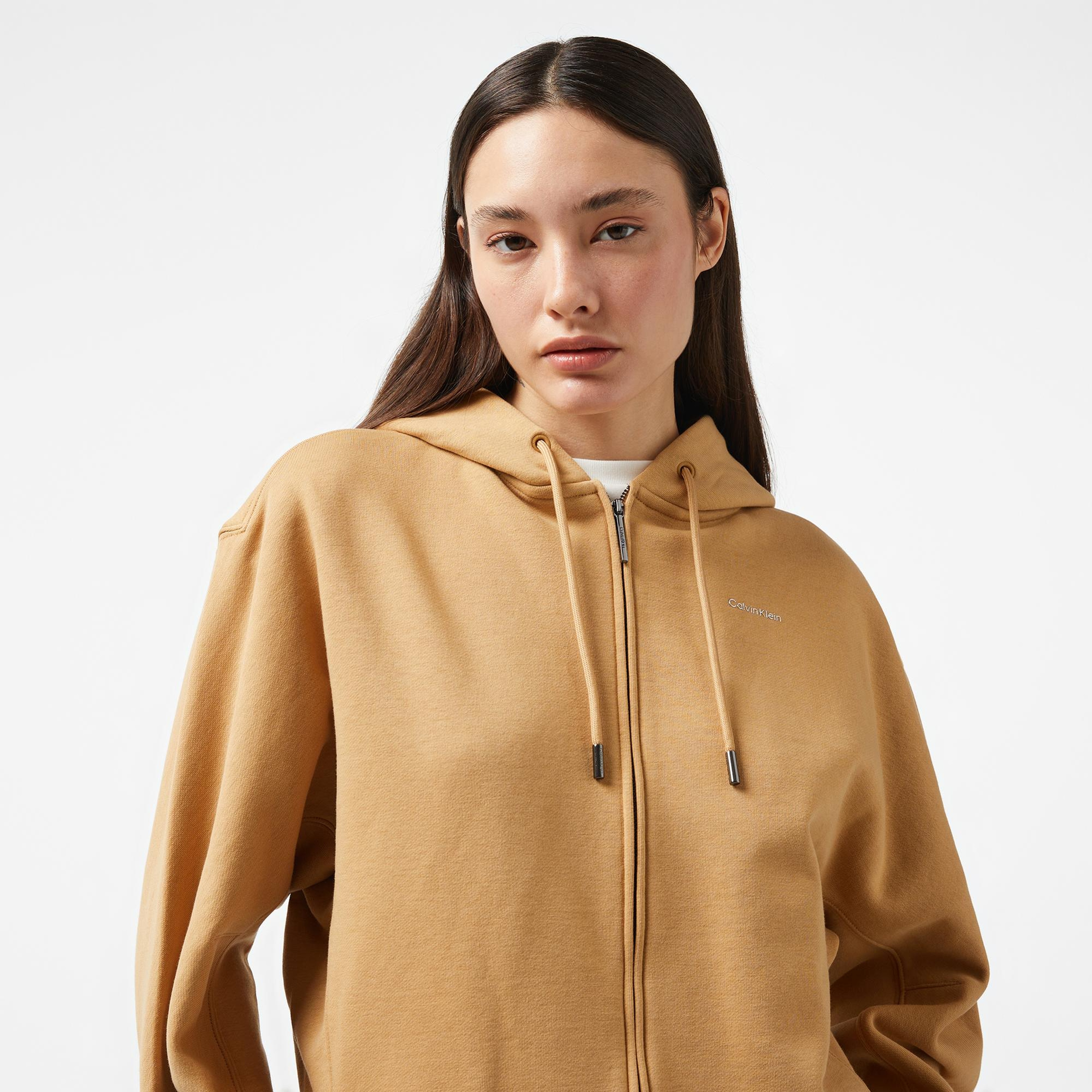 Calvin Klein Nano Logo Zip Relaxed Kadın Kahverengi Hoodie