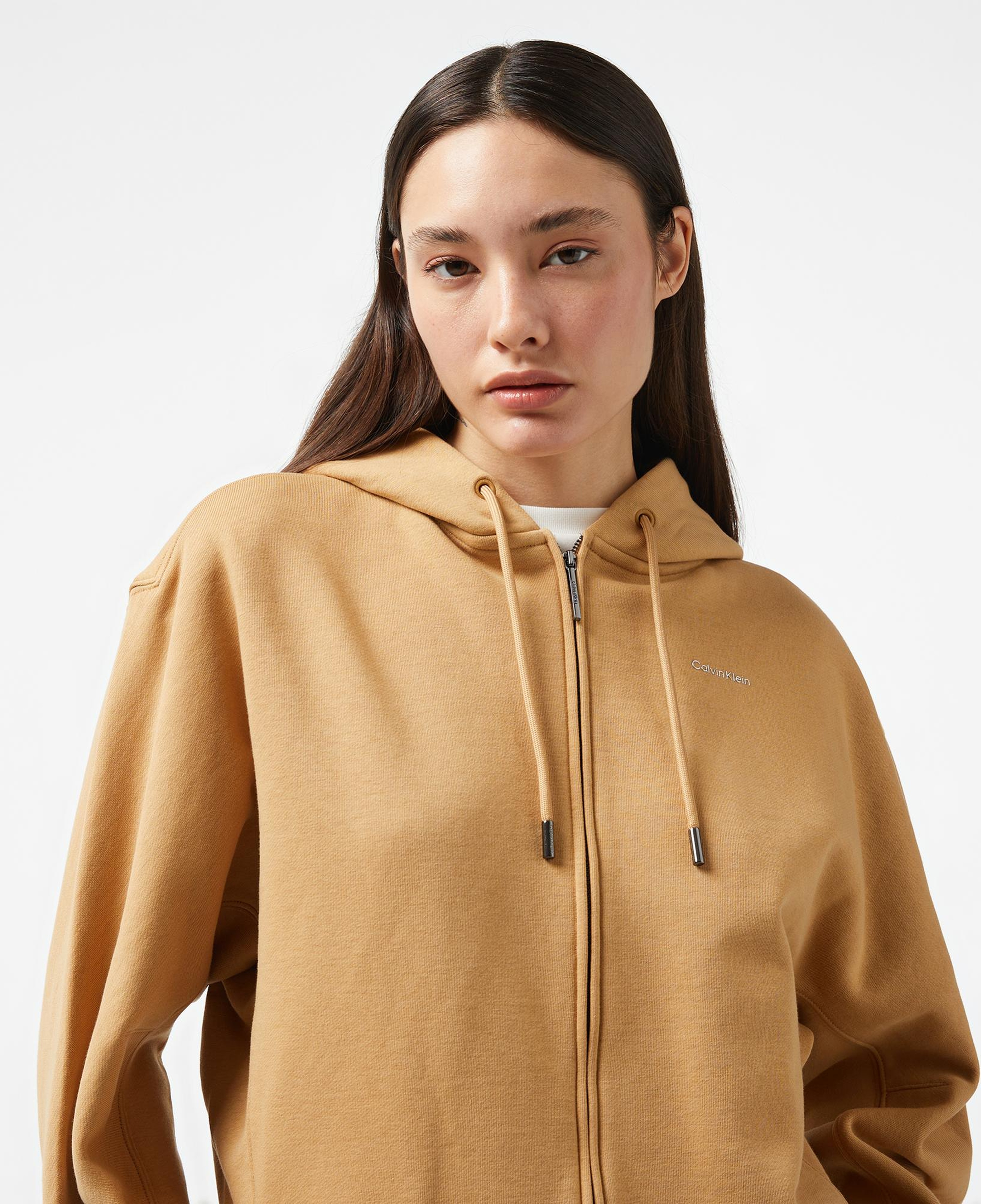 Calvin Klein Nano Logo Zip Relaxed Kadın Kahverengi Hoodie