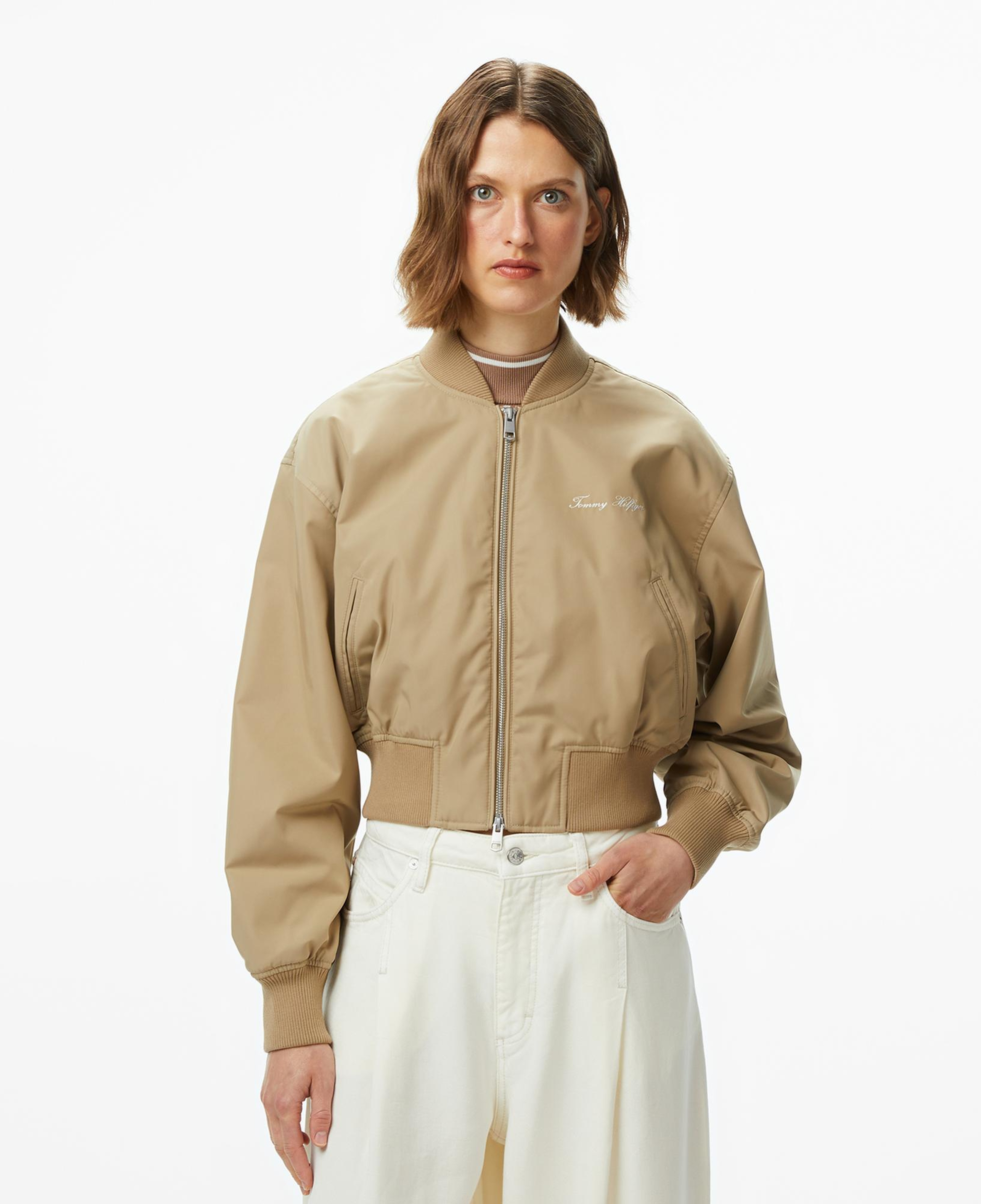 Tommy Hilfiger Nylon Regular Cropped Kadın Bomber Bej Ceket