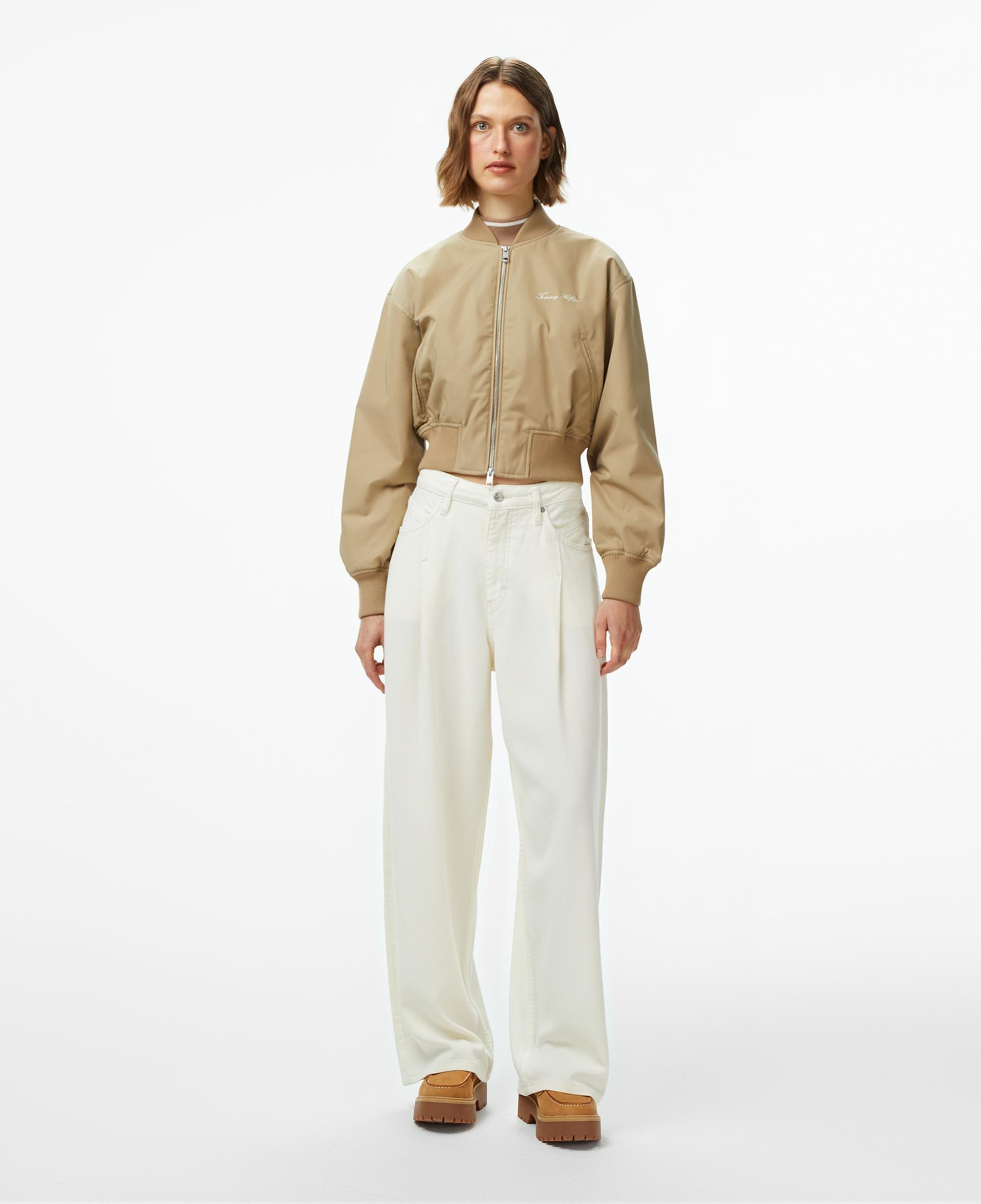 Tommy Hilfiger Nylon Regular Cropped Kadın Bomber Bej Ceket