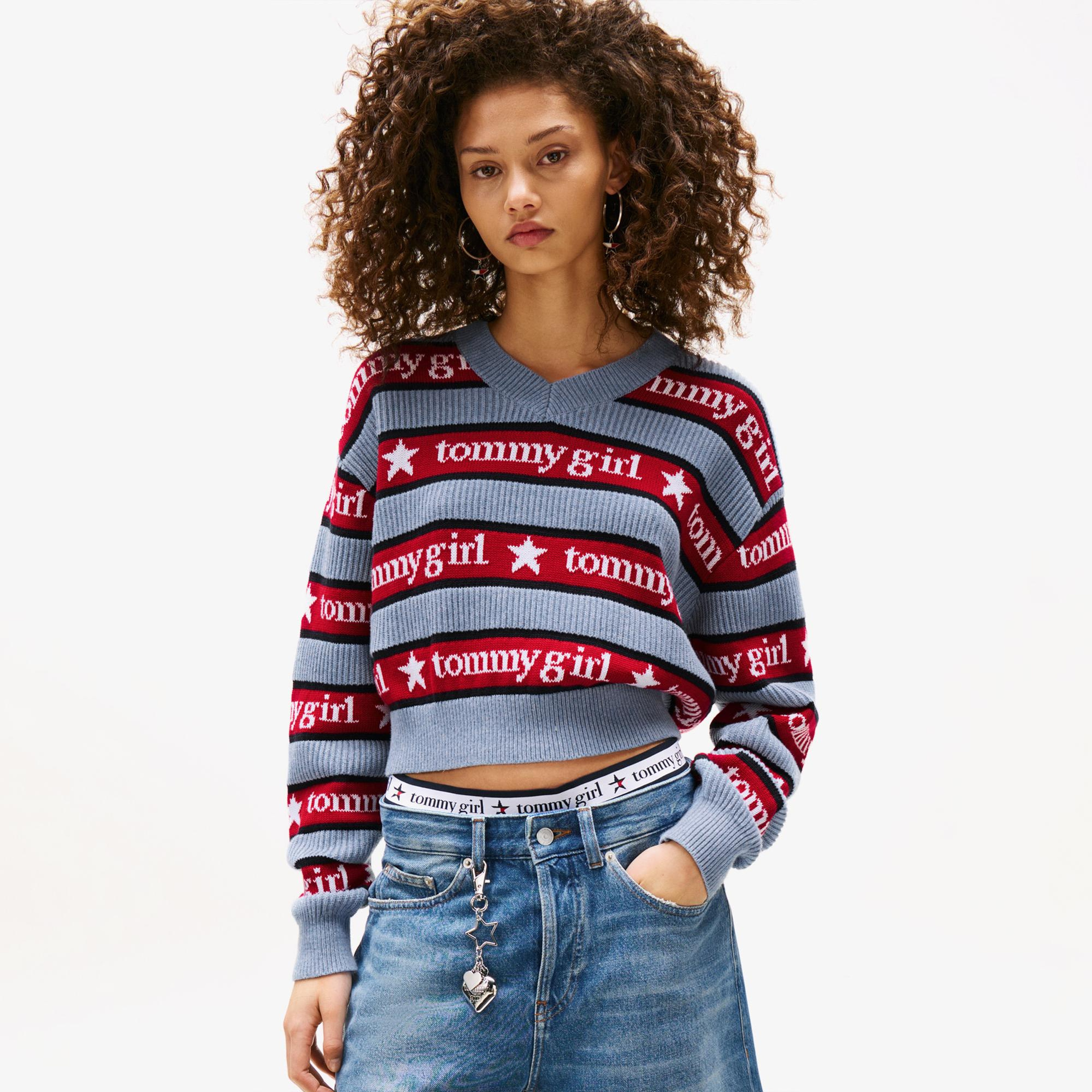 Tommy Hilfiger Stripe Kadın Mavi Kazak