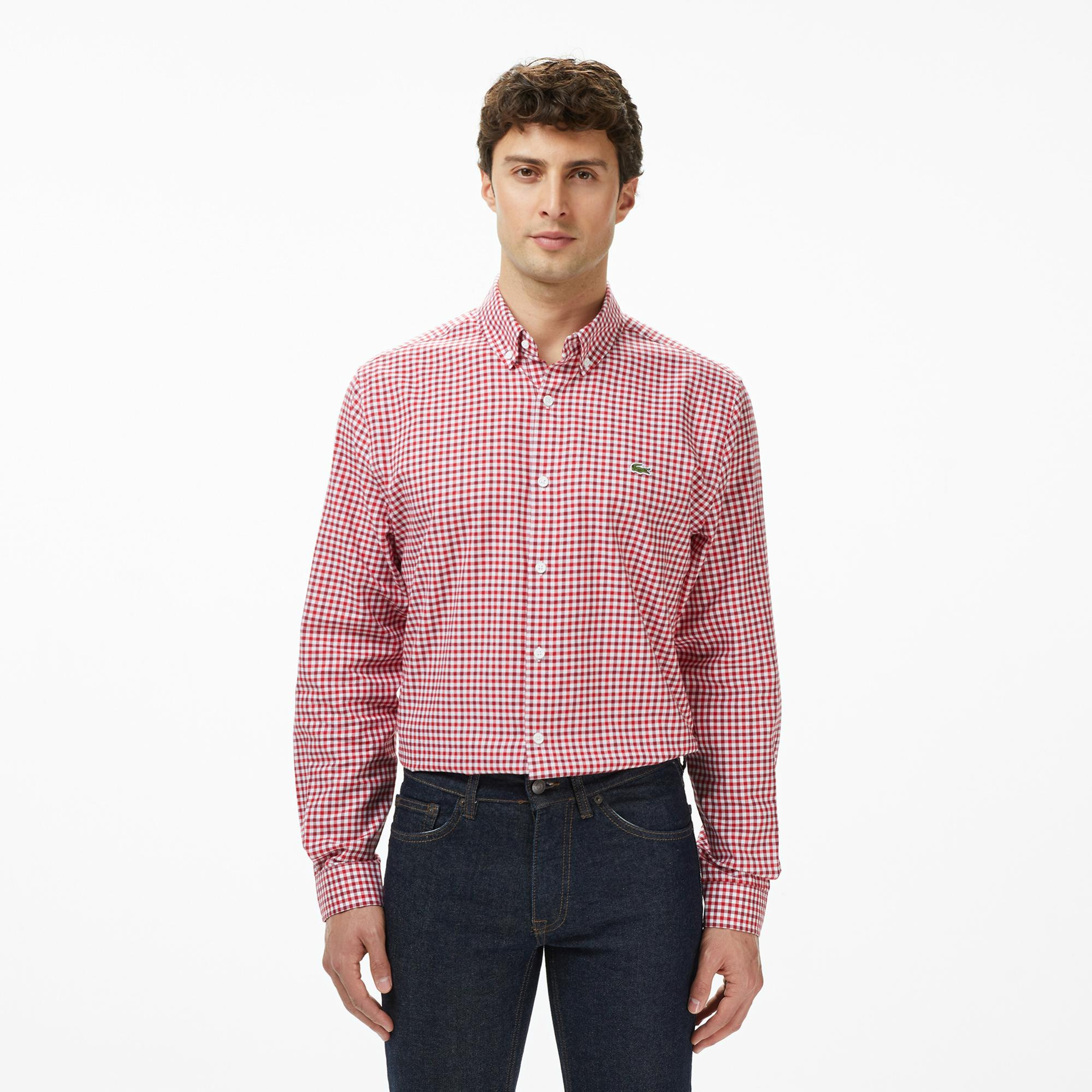Lacoste Erkek Regular Fit Düğmeli Yaka Kareli Kırmızı Gömlek