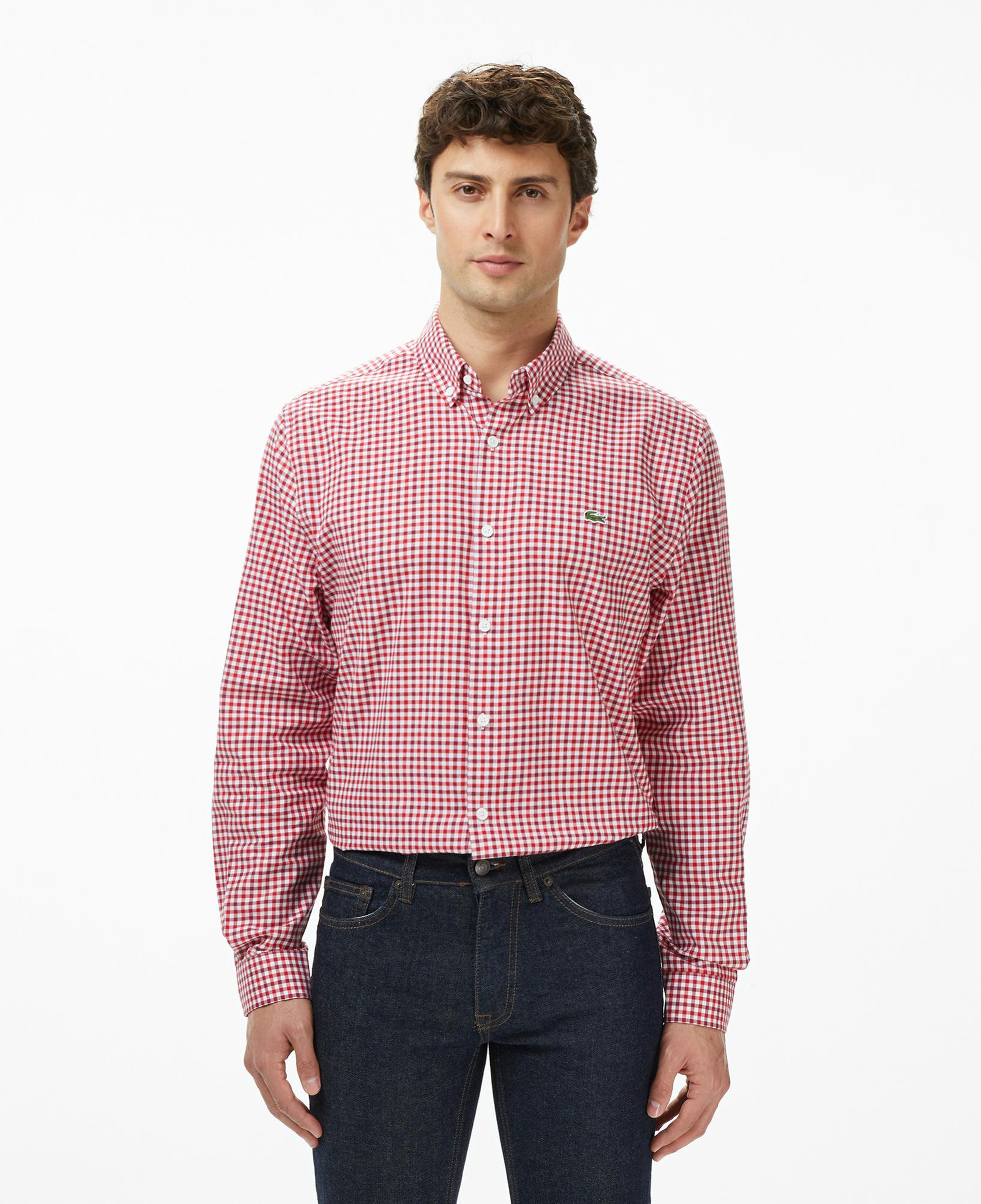 Lacoste Erkek Regular Fit Düğmeli Yaka Kareli Kırmızı Gömlek