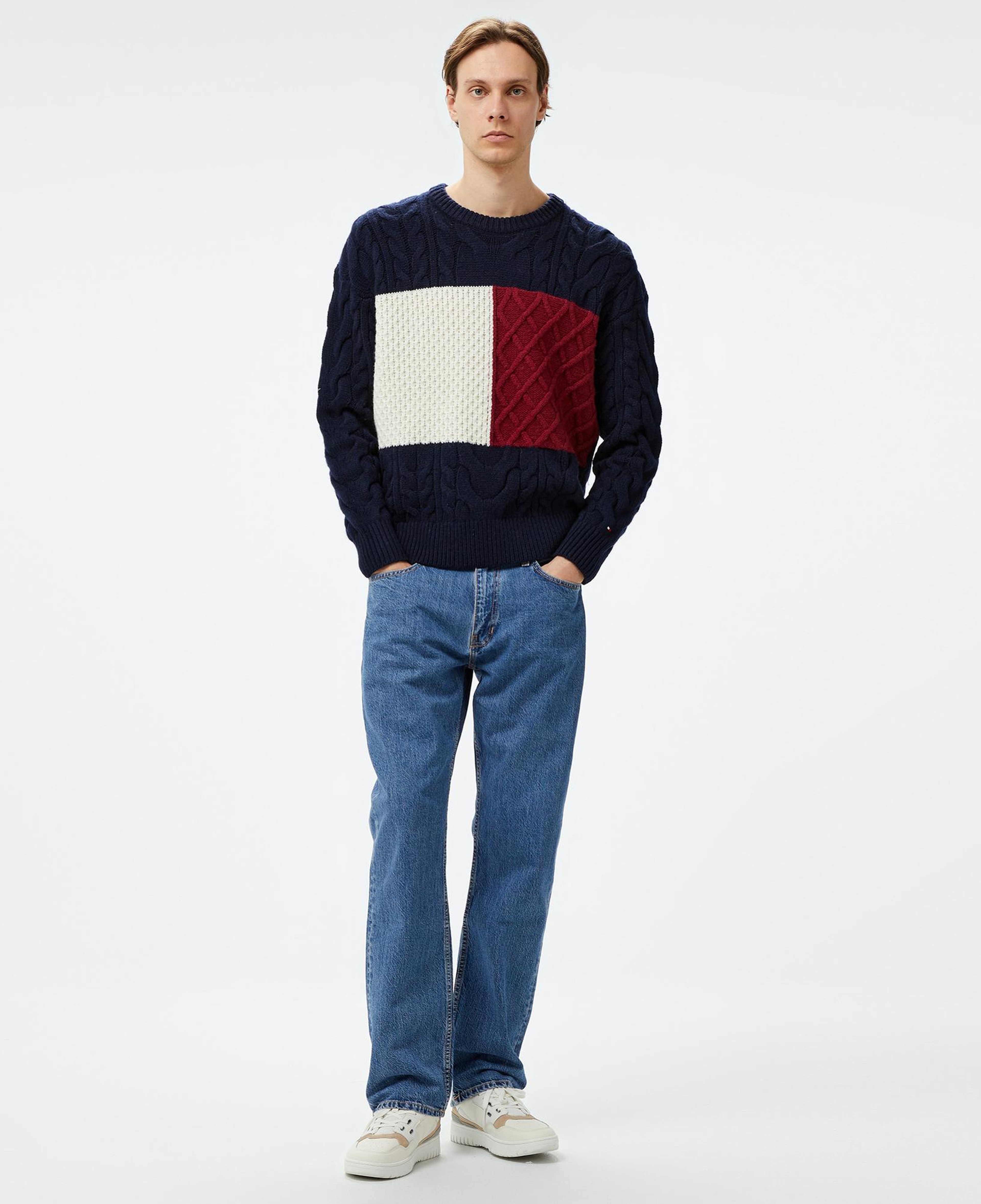 Tommy Hilfiger Cable Flag Erkek Mavi Kazak