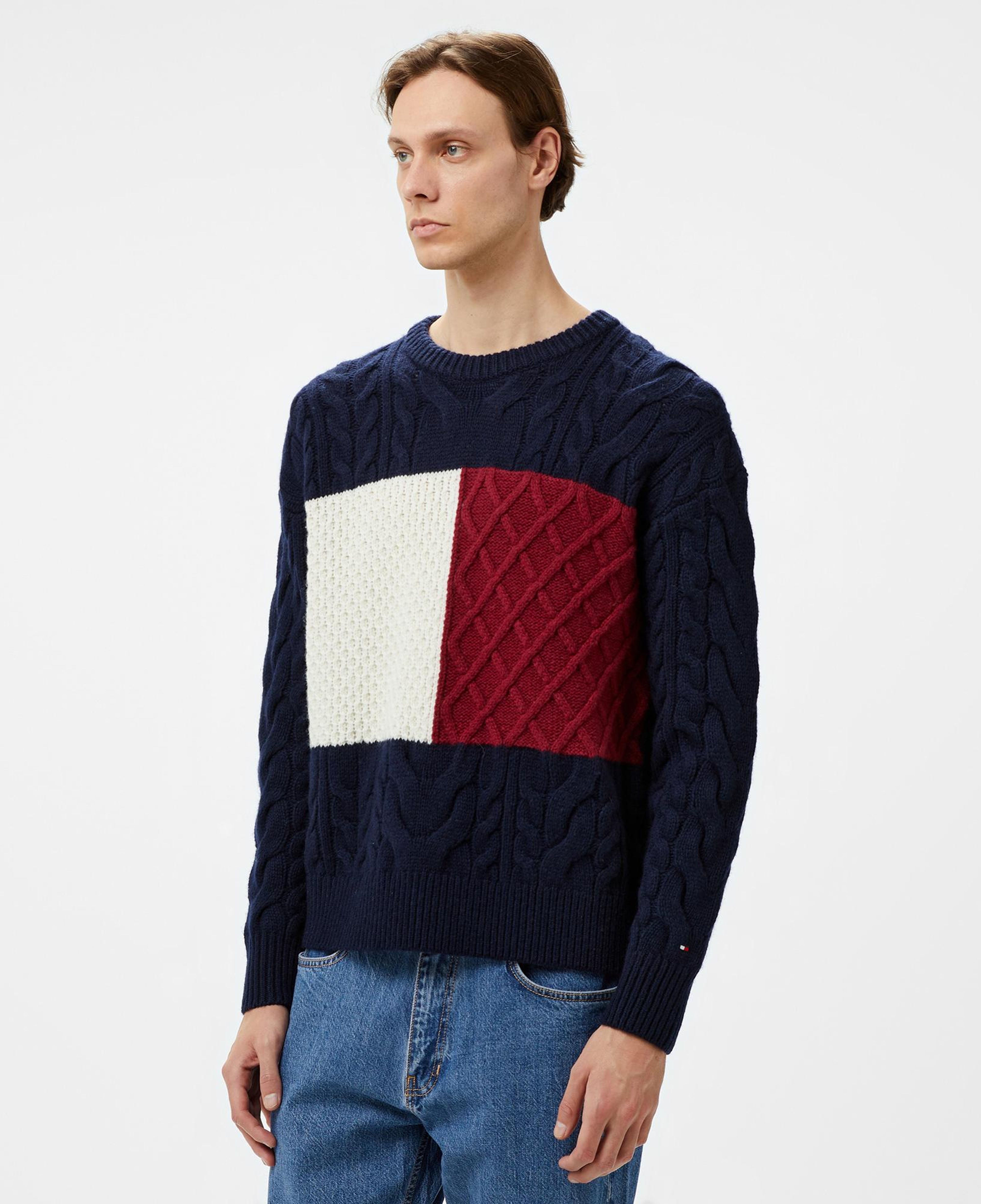 Tommy Hilfiger Cable Flag Erkek Mavi Kazak