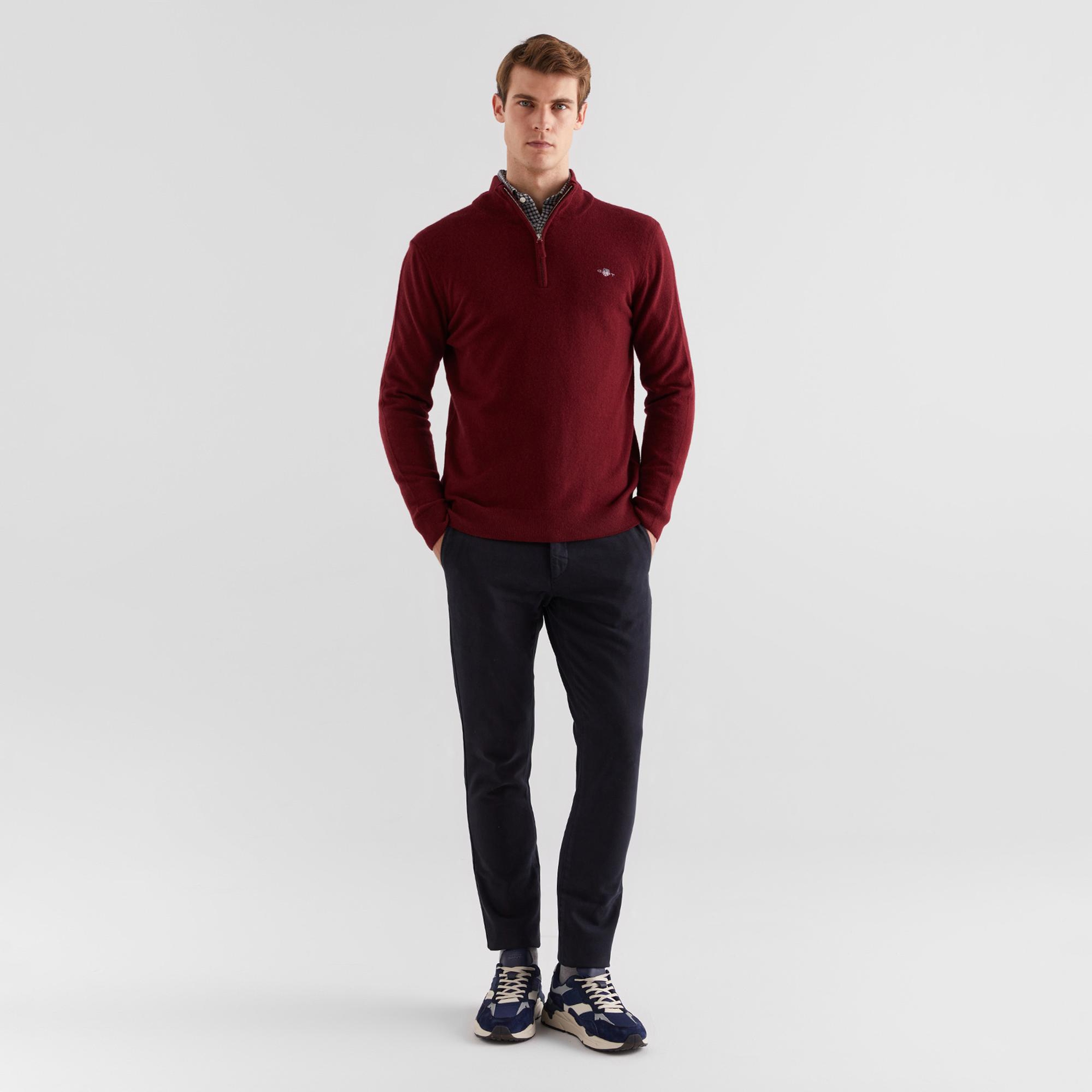 GANT Erkek Bordo Regular Fit Yarım Fermuarlı Yün Kazak