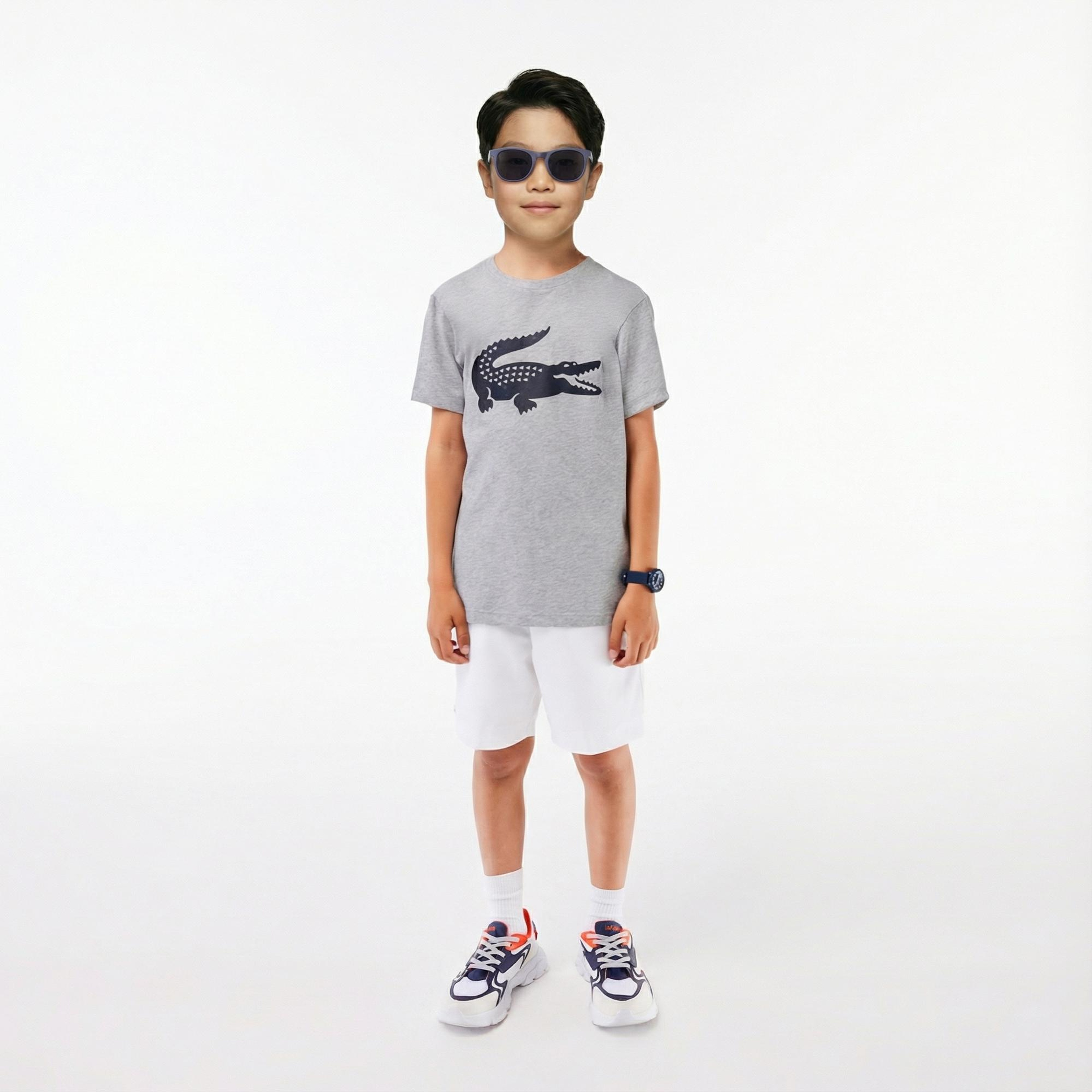 Lacoste Erkek Çocuk Bisiklet Yaka Baskılı Gri T-Shirt