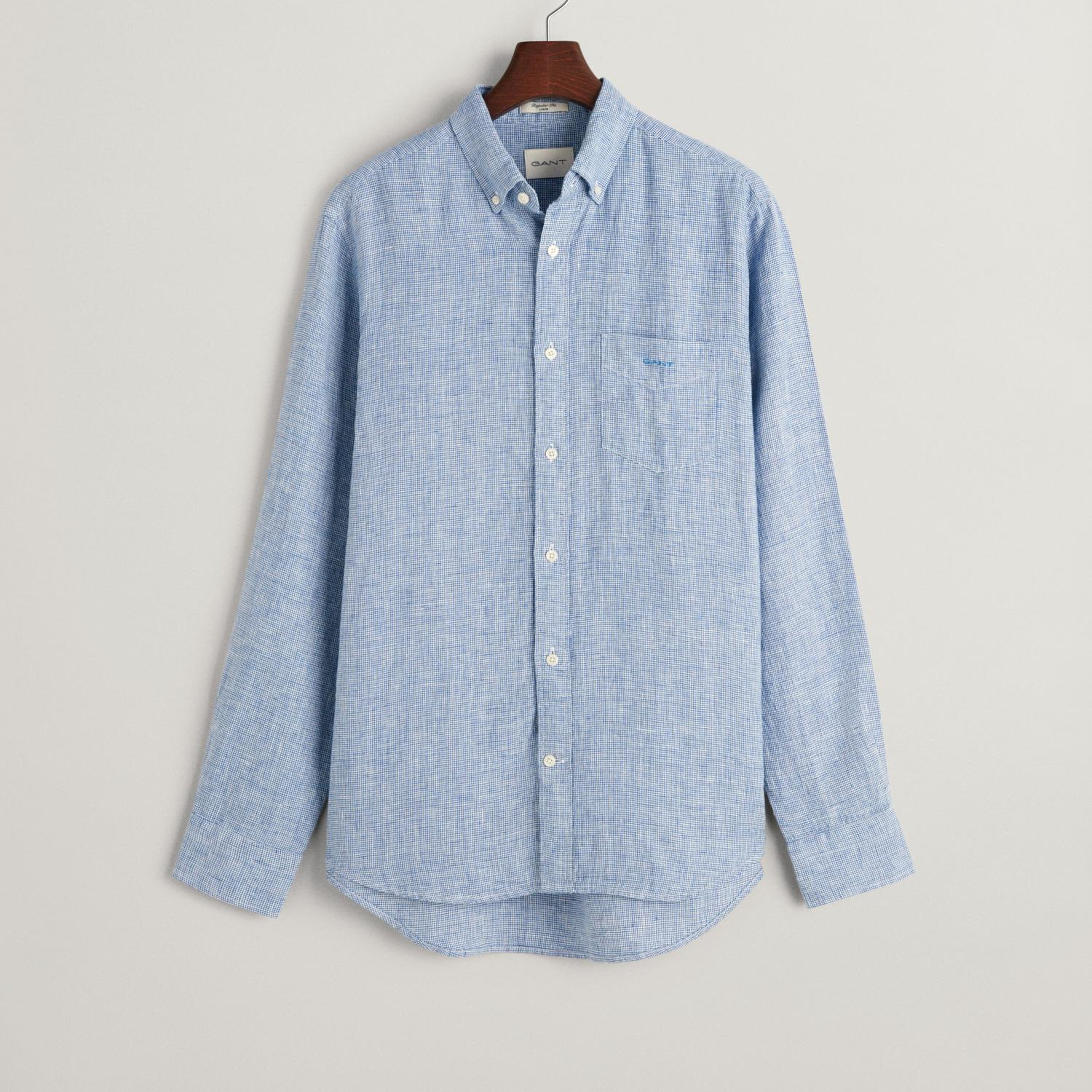 GANT Erkek Mavi Regular Fit Düğmeli Yaka Kareli Keten Gömlek