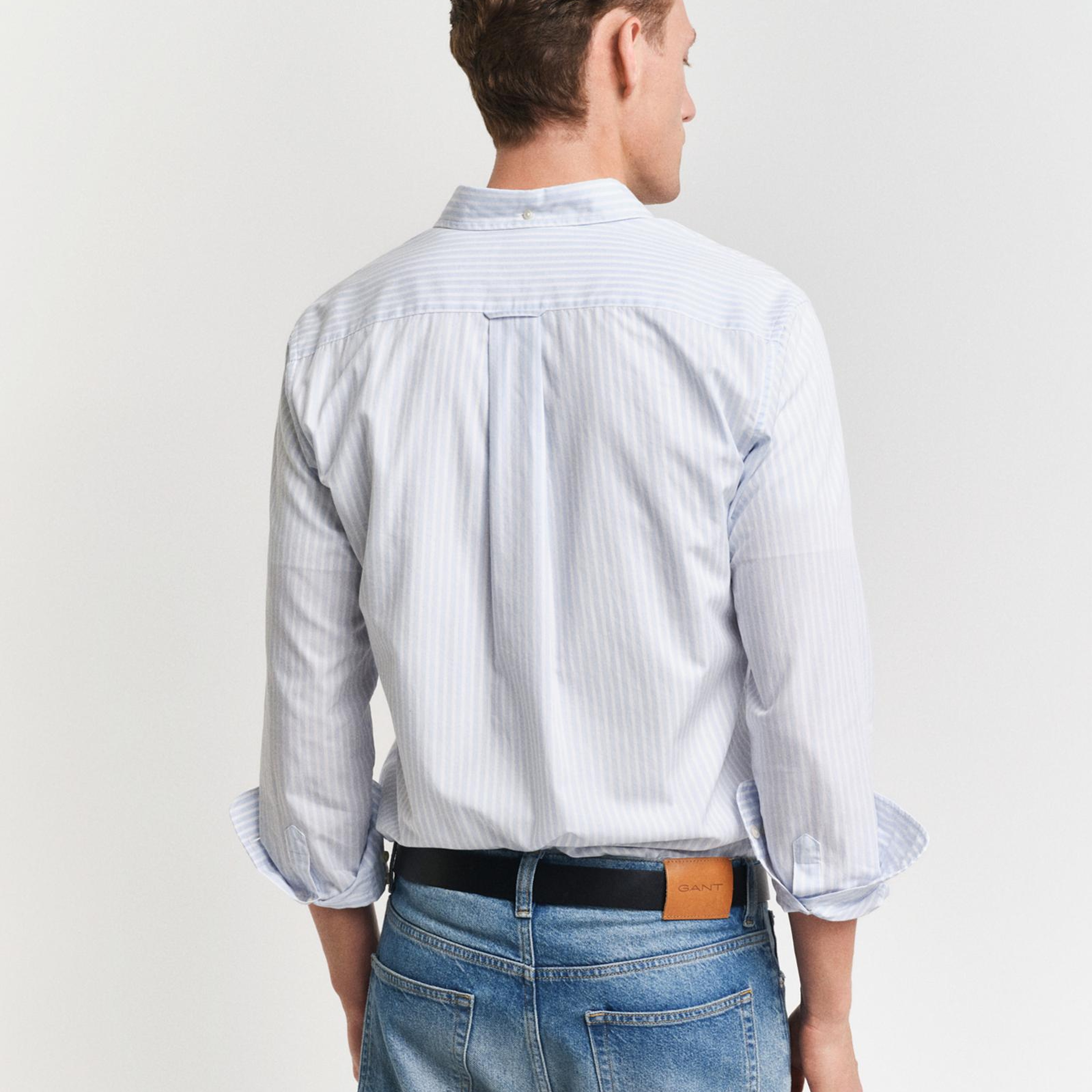 GANT Erkek Mavi Regular Fit Düğmeli Yaka Çizgili Poplin Gömlek