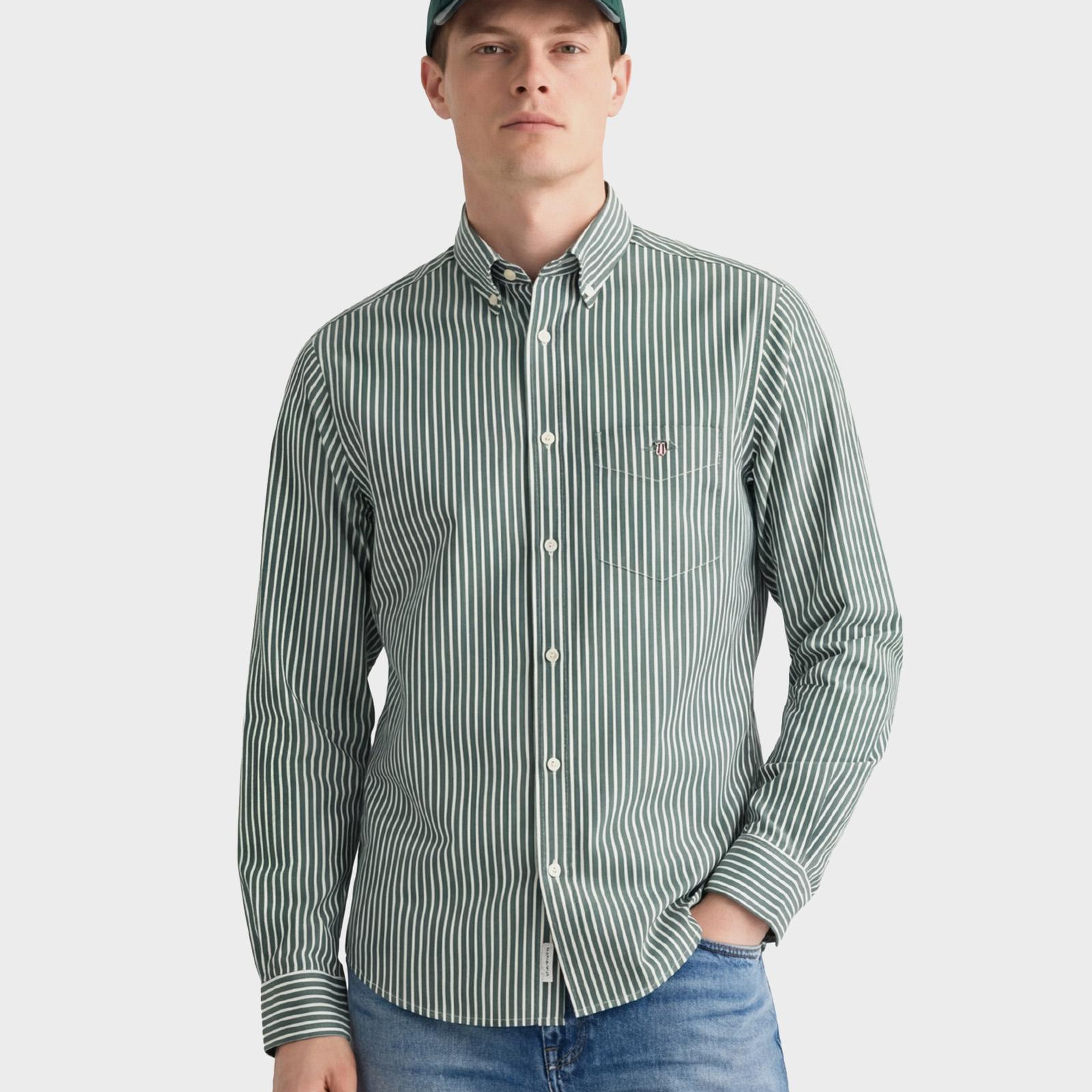 GANT Erkek Yeşil Regular Fit Düğmeli Yaka Çizgili Poplin Gömlek