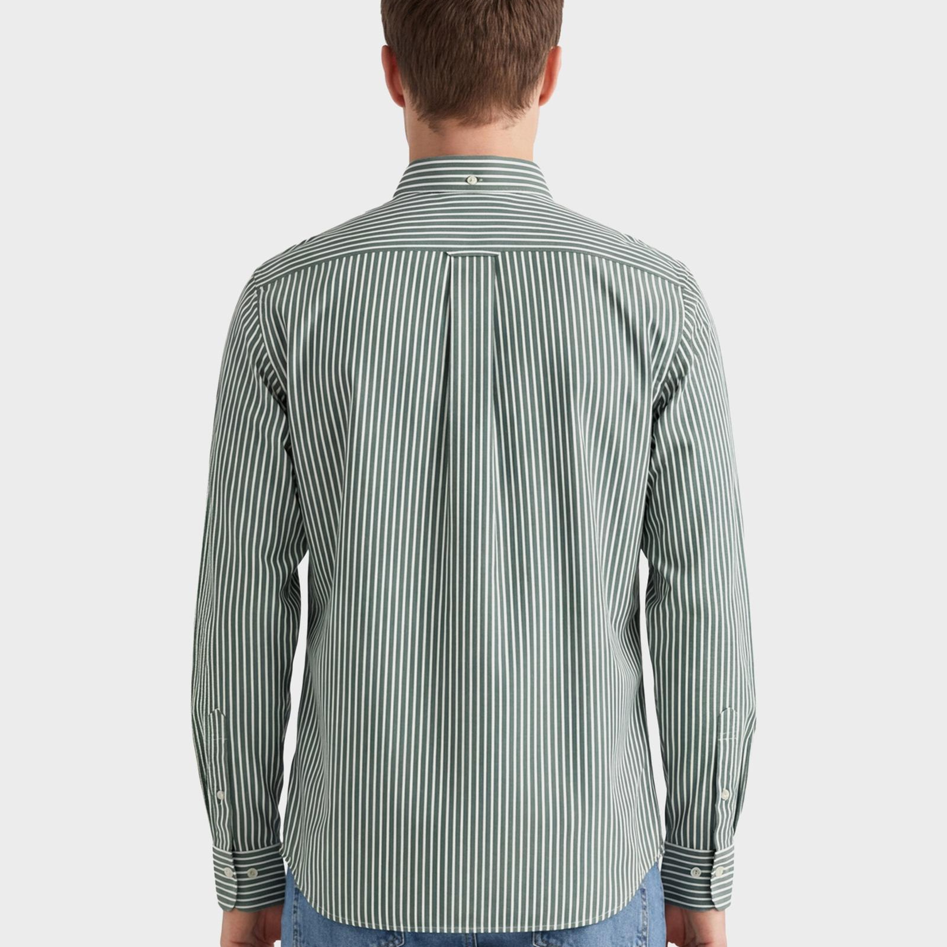 GANT Erkek Yeşil Regular Fit Düğmeli Yaka Çizgili Poplin Gömlek
