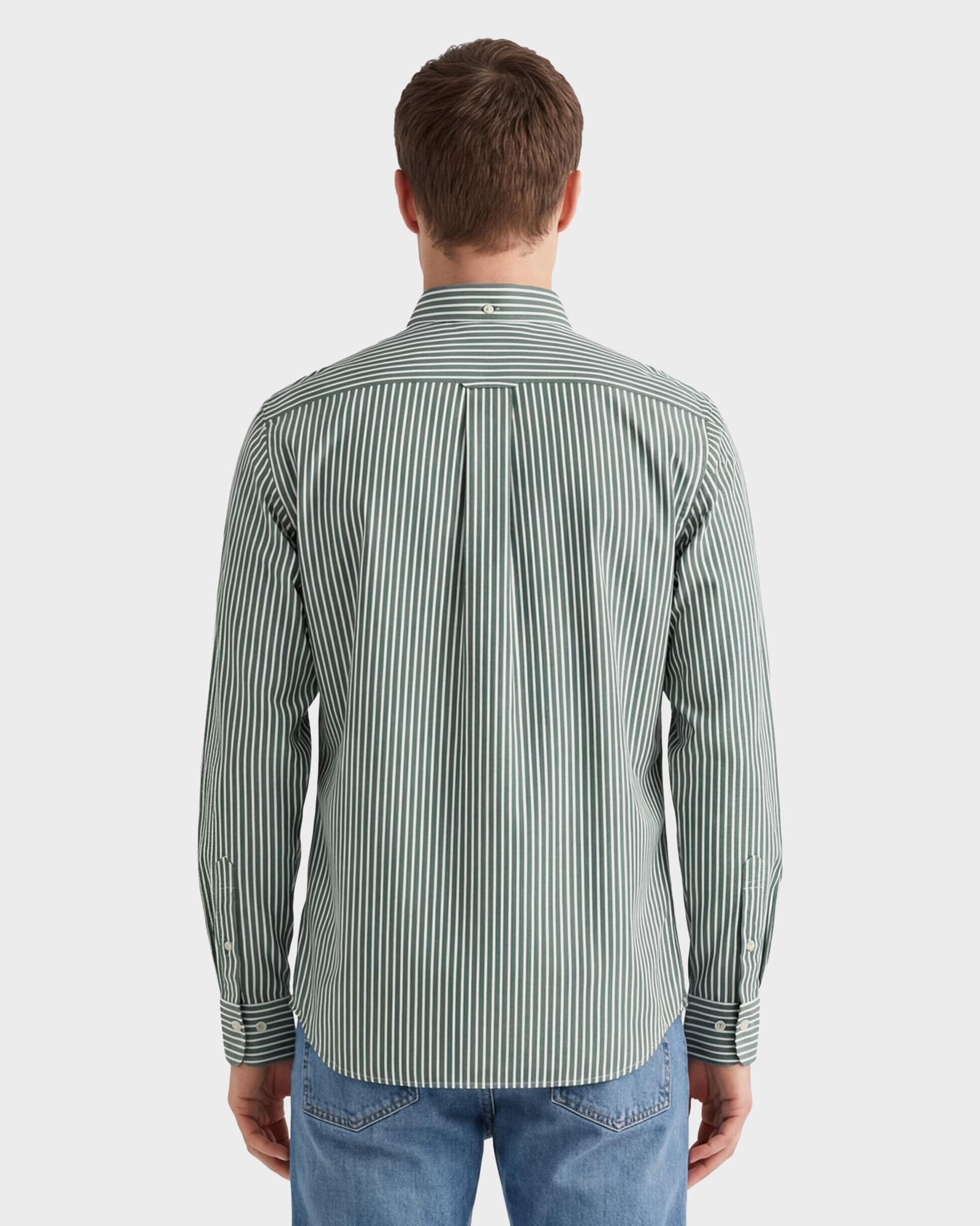 GANT Erkek Yeşil Regular Fit Düğmeli Yaka Çizgili Poplin Gömlek