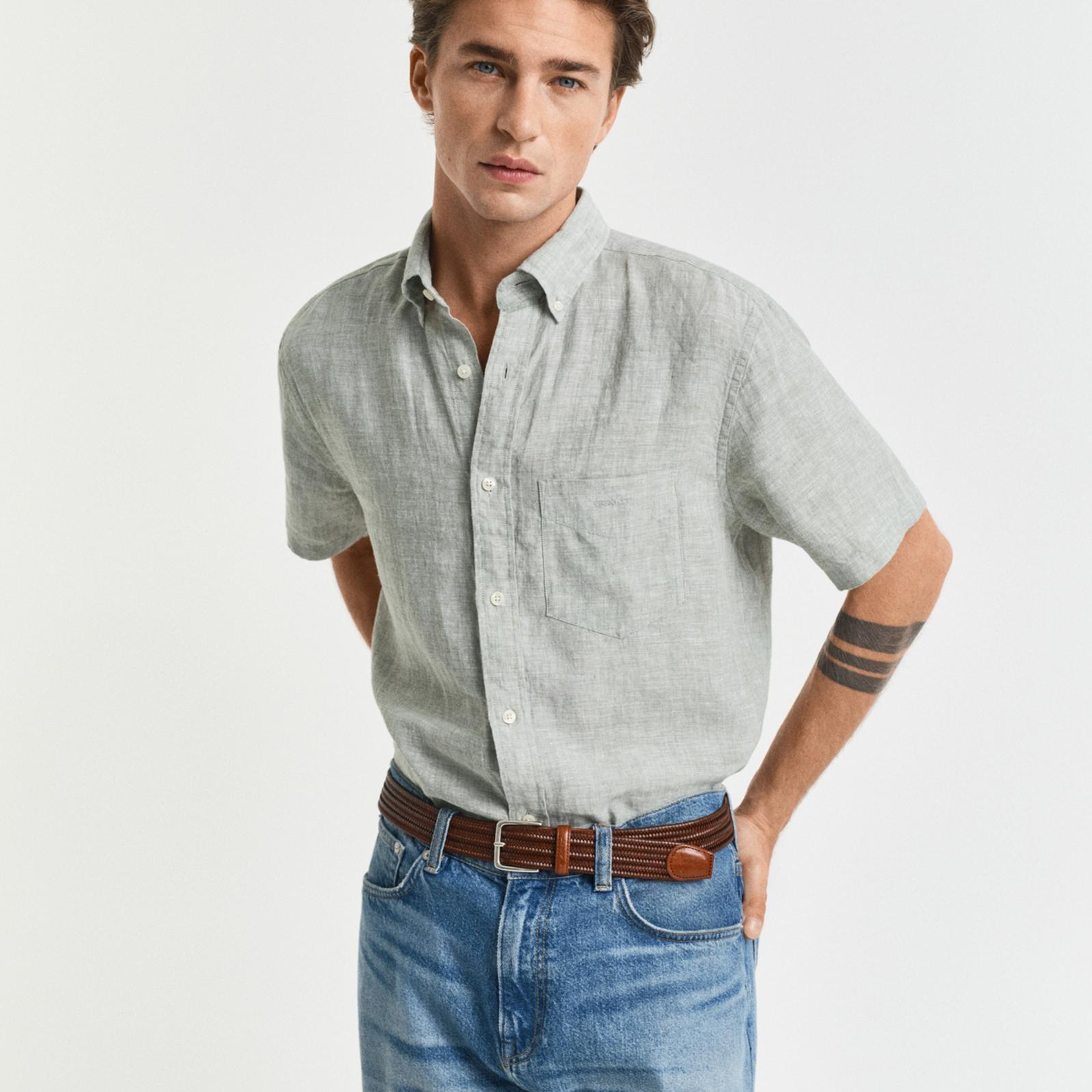 GANT Erkek Yeşil Regular Fit Düğmeli Yaka Keten Gömlek