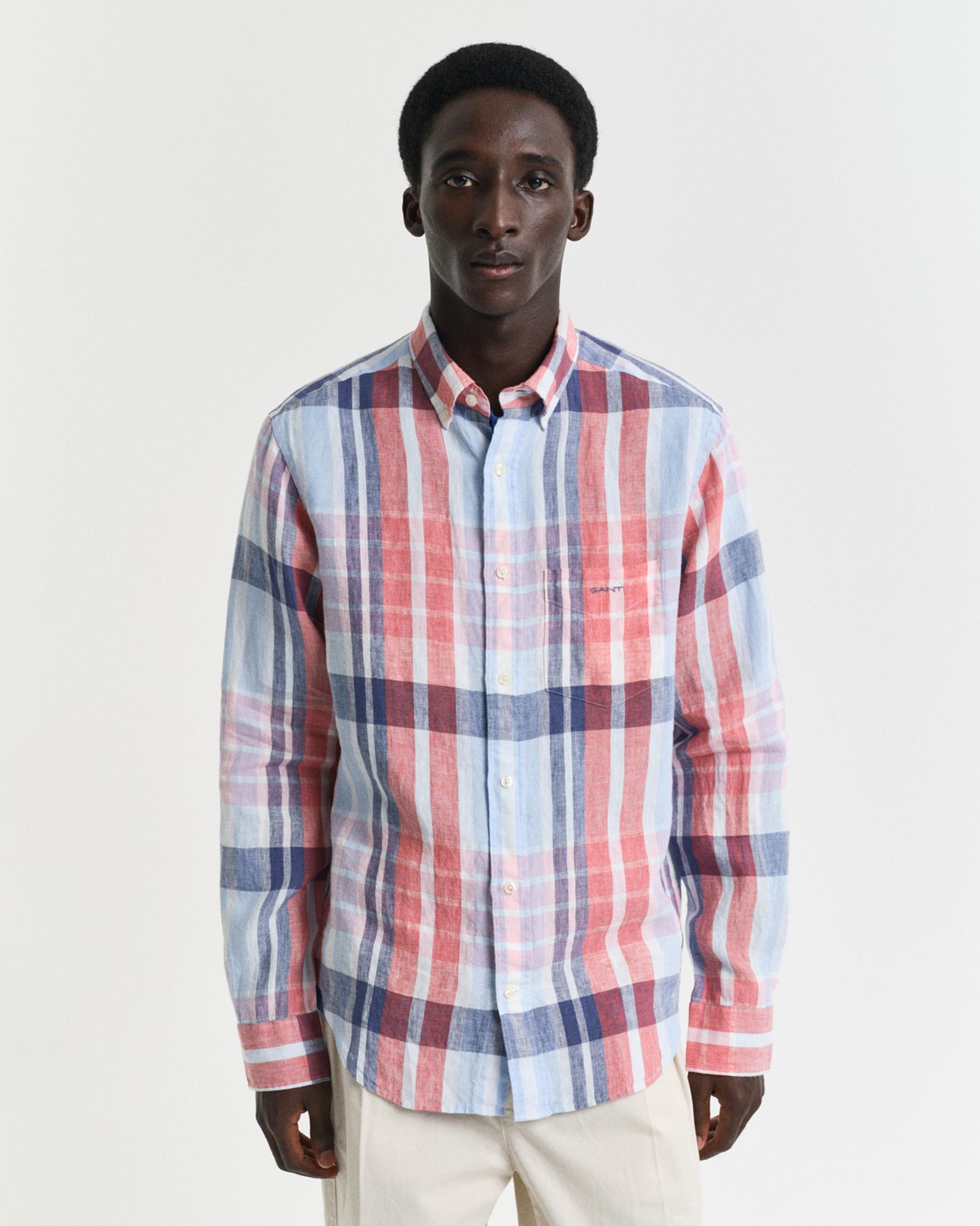 GANT Erkek Kırmızı Regular Fit Düğmeli Yaka Kareli Keten Gömlek