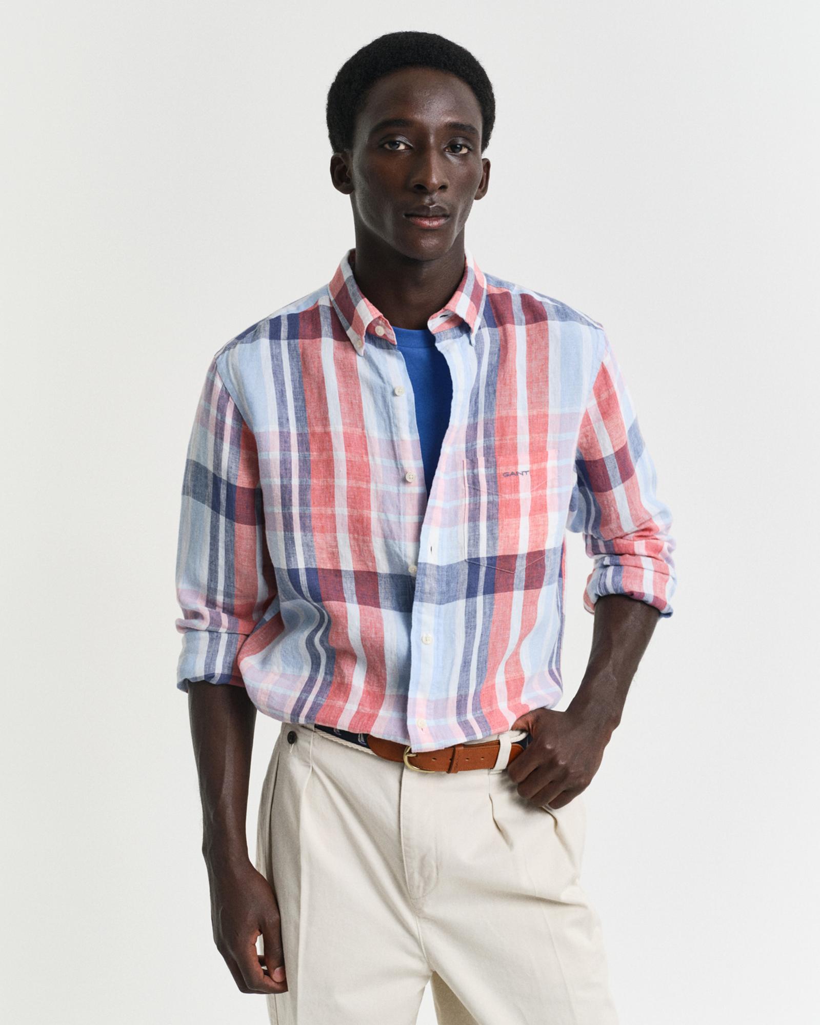 GANT Erkek Kırmızı Regular Fit Düğmeli Yaka Kareli Keten Gömlek