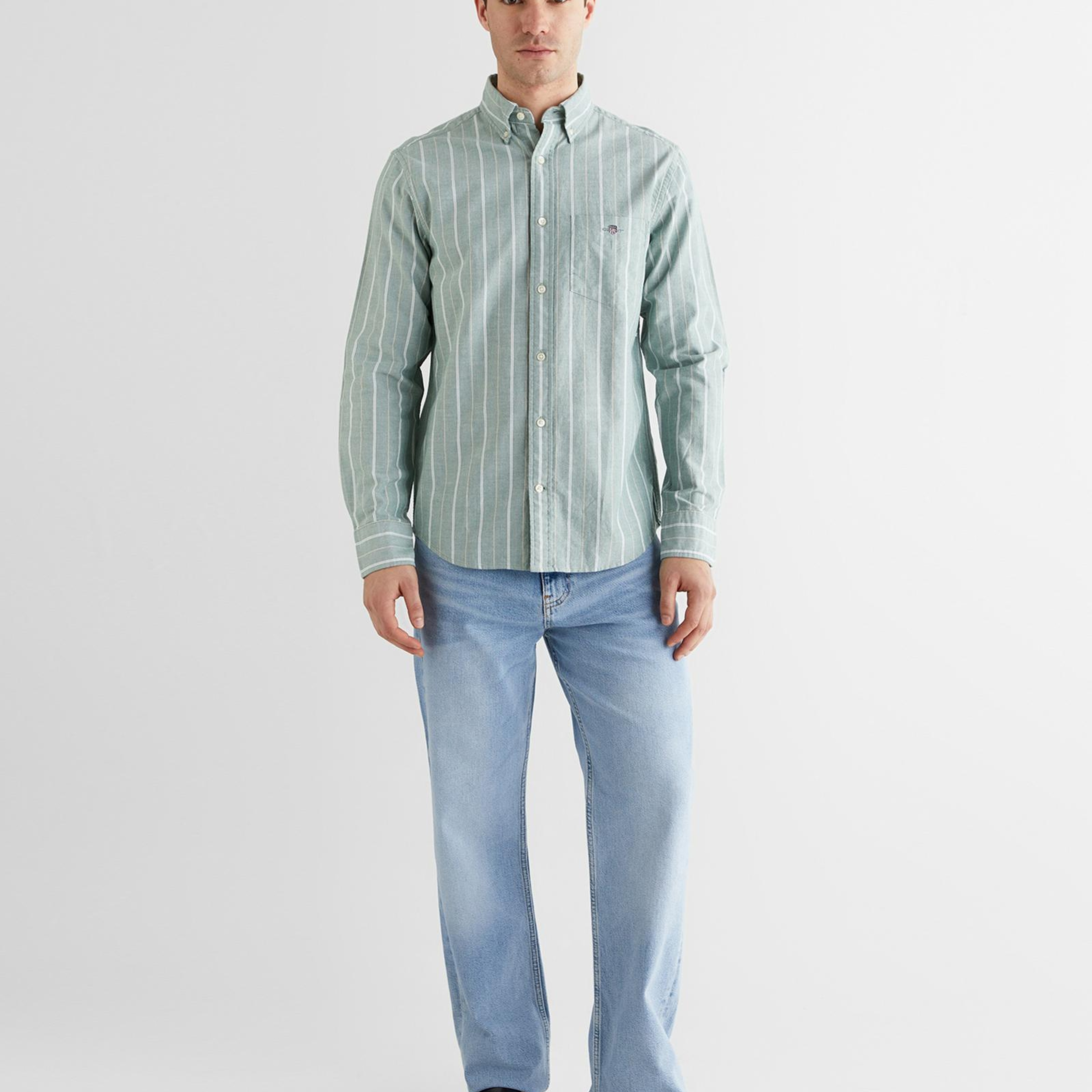 GANT Erkek Yeşil Regular Fit Düğmeli Yaka Çizgili Oxford Gömlek