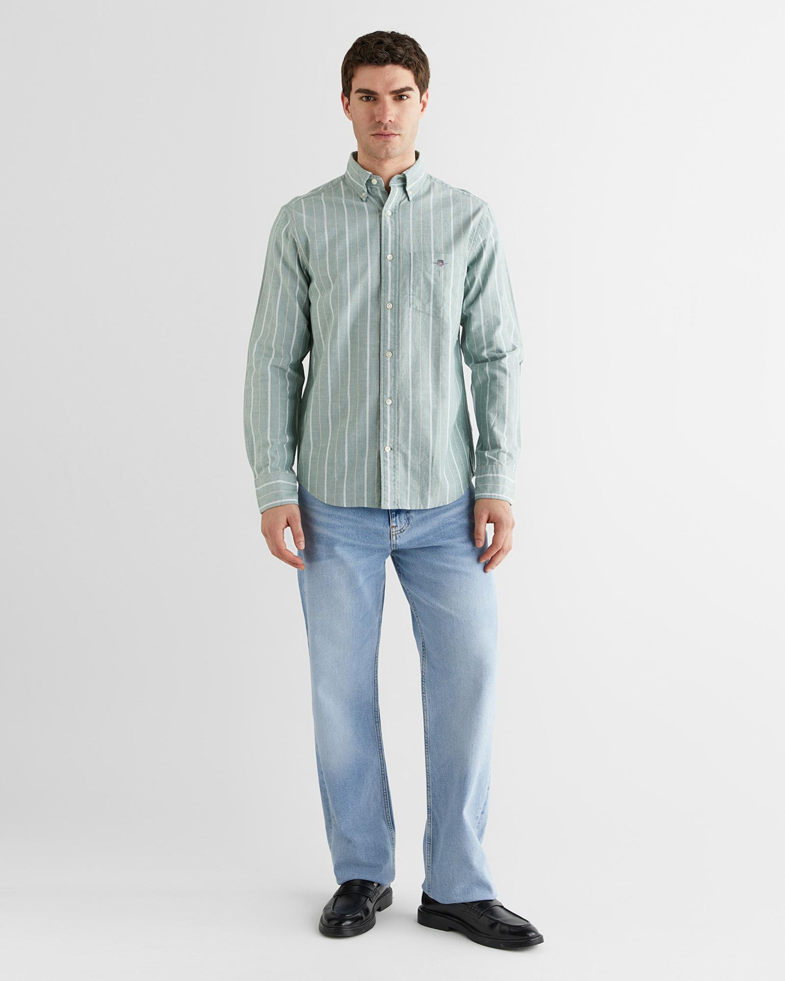 GANT Erkek Yeşil Regular Fit Düğmeli Yaka Çizgili Oxford Gömlek
