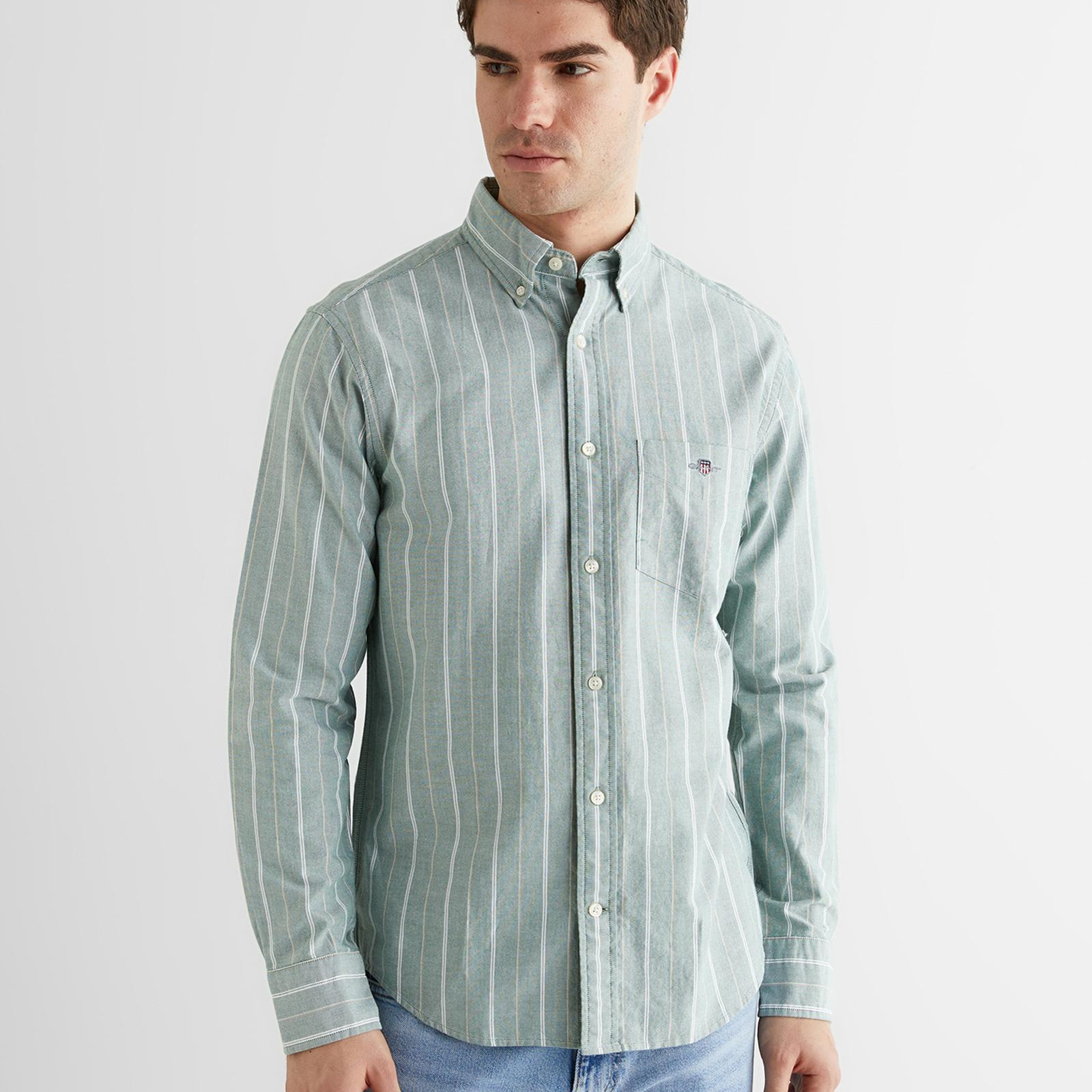 GANT Erkek Yeşil Regular Fit Düğmeli Yaka Çizgili Oxford Gömlek