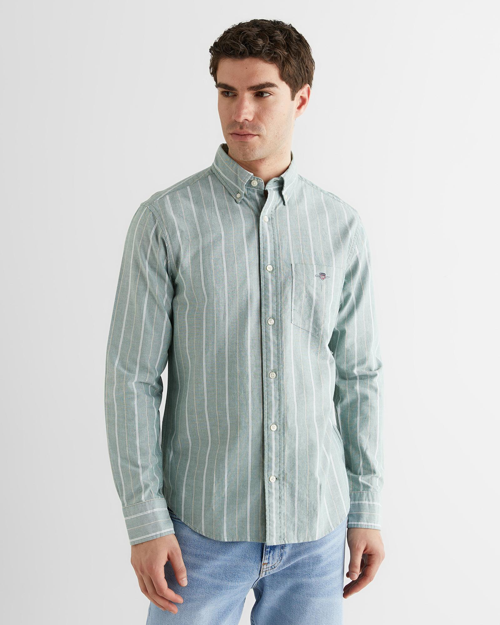 GANT Erkek Yeşil Regular Fit Düğmeli Yaka Çizgili Oxford Gömlek