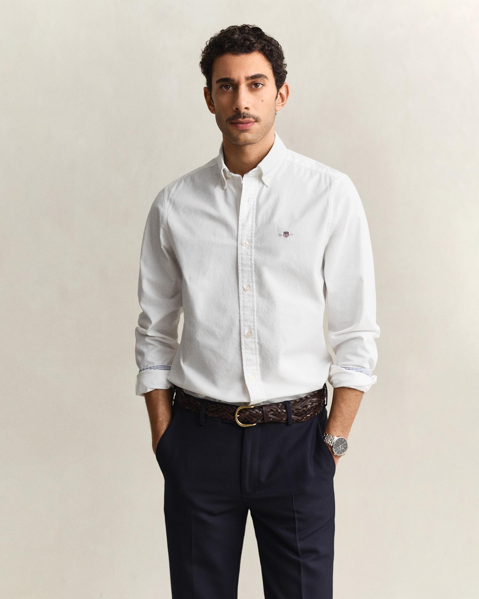 GANT Erkek Beyaz Slim Fit Çizgili Logolu Gömlek