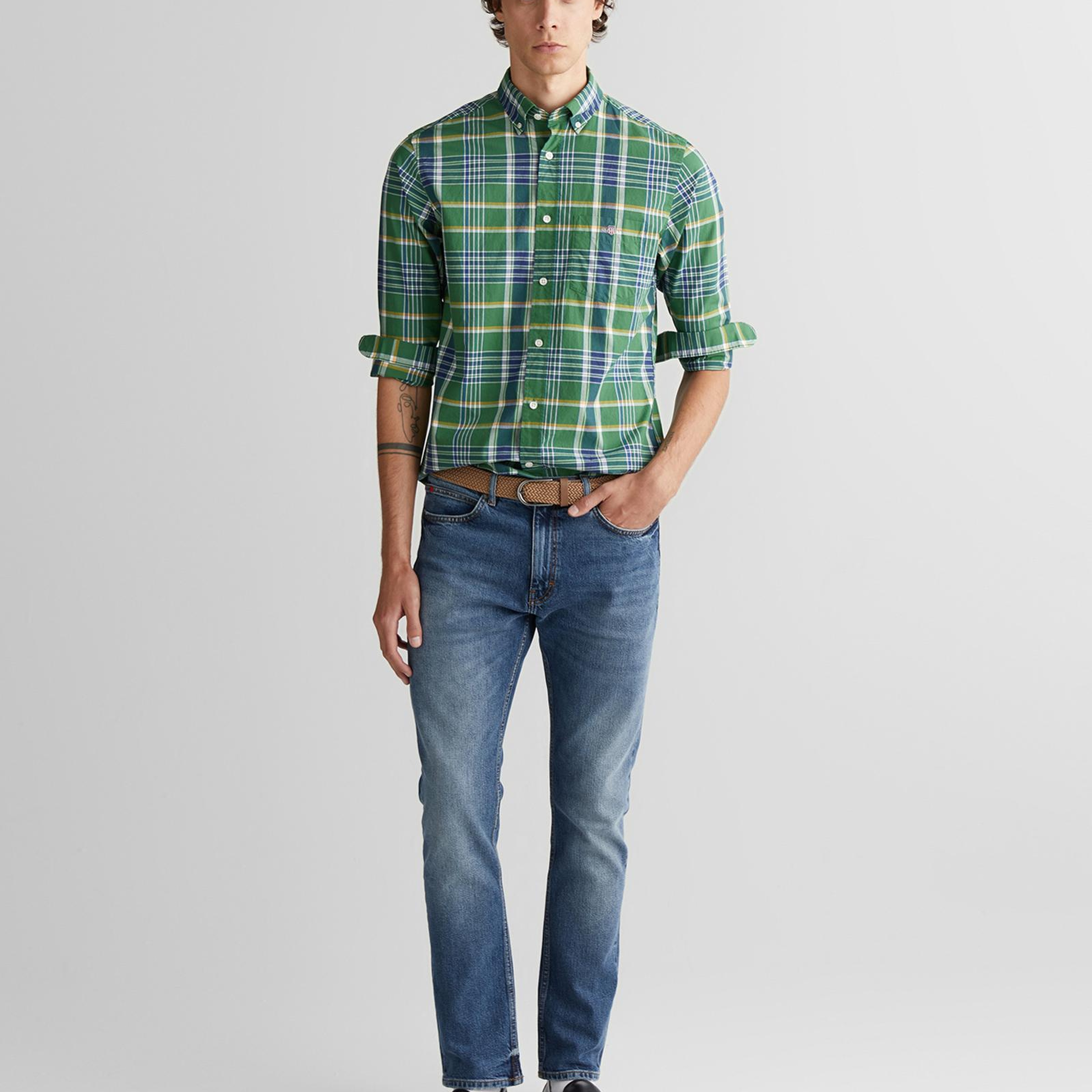 GANT Erkek Yeşil Regular Fit Düğmeli Yaka Çizgili Gömlek