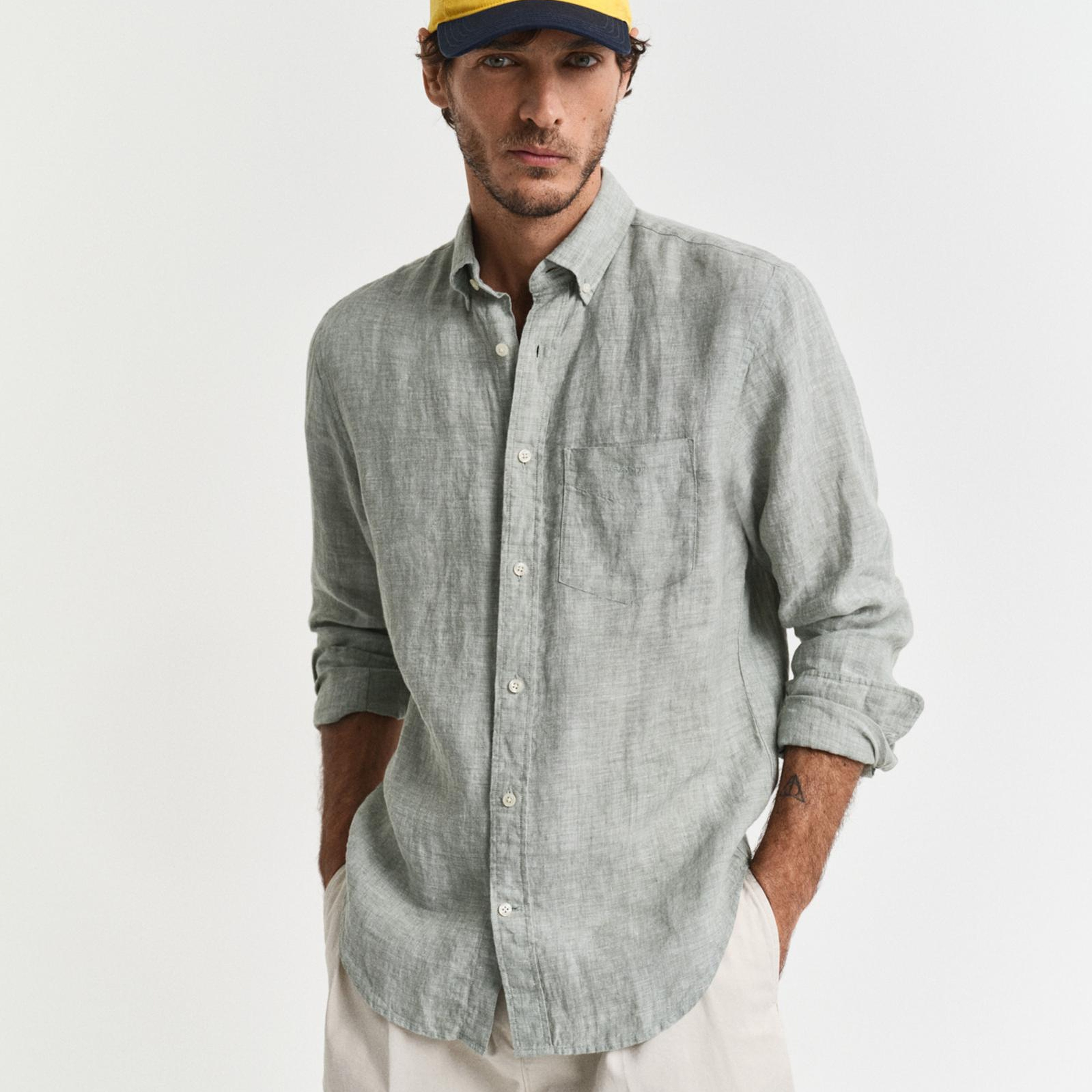 GANT Erkek Yeşil Regular Fit Düğmeli Yaka Keten Gömlek