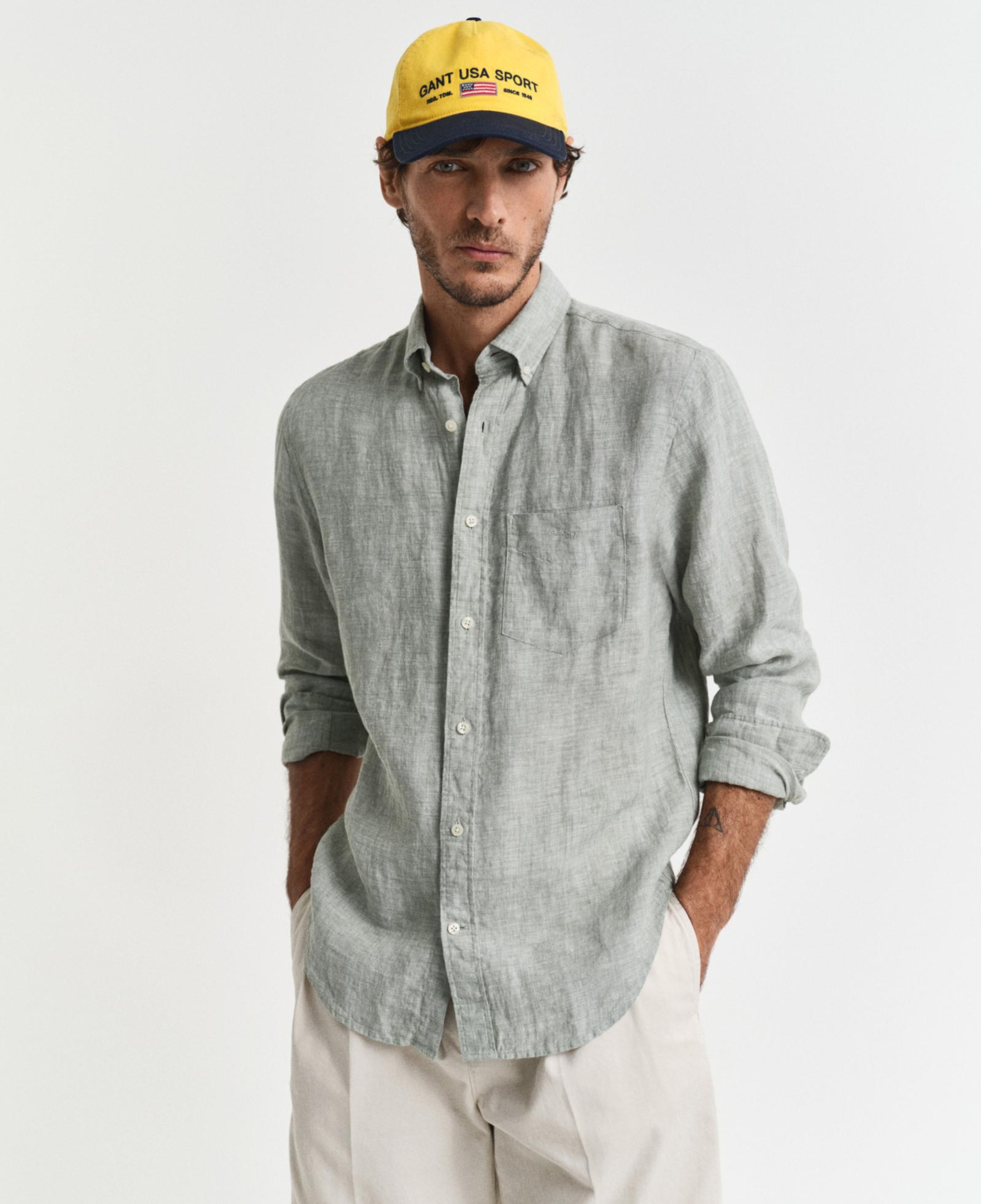 GANT Erkek Yeşil Regular Fit Düğmeli Yaka Keten Gömlek