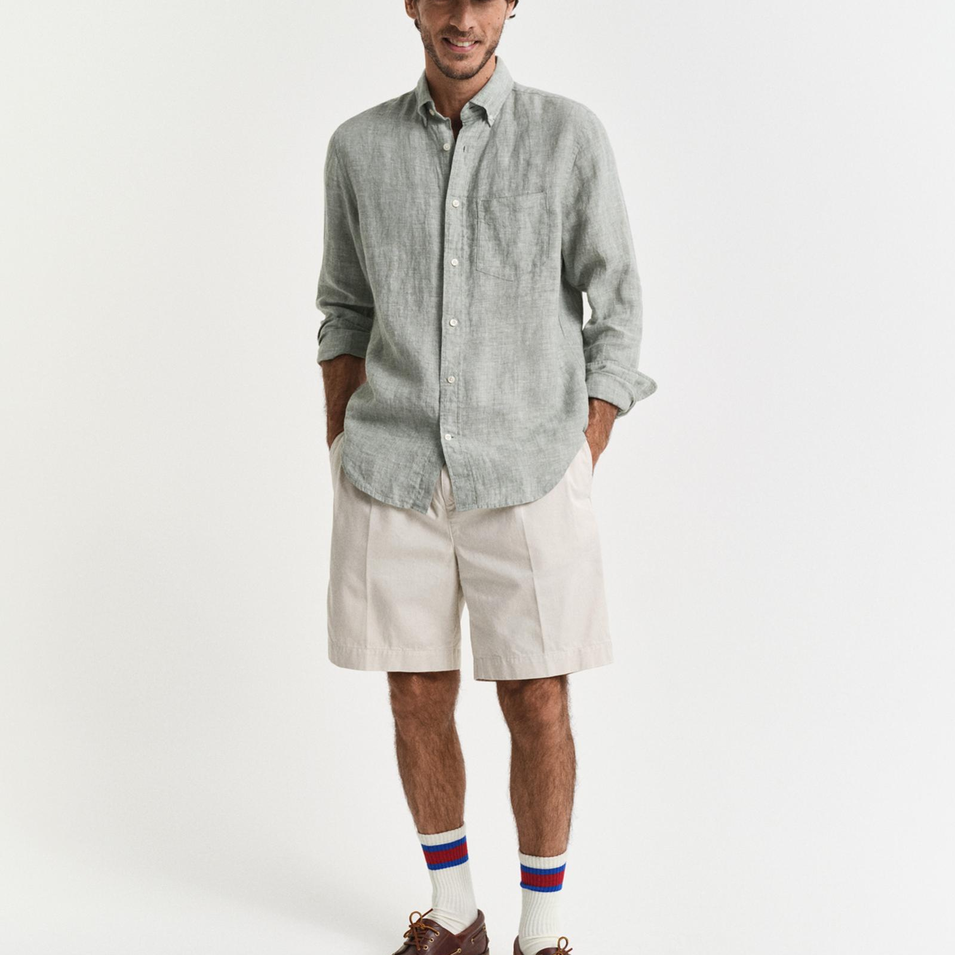 GANT Erkek Yeşil Regular Fit Düğmeli Yaka Keten Gömlek