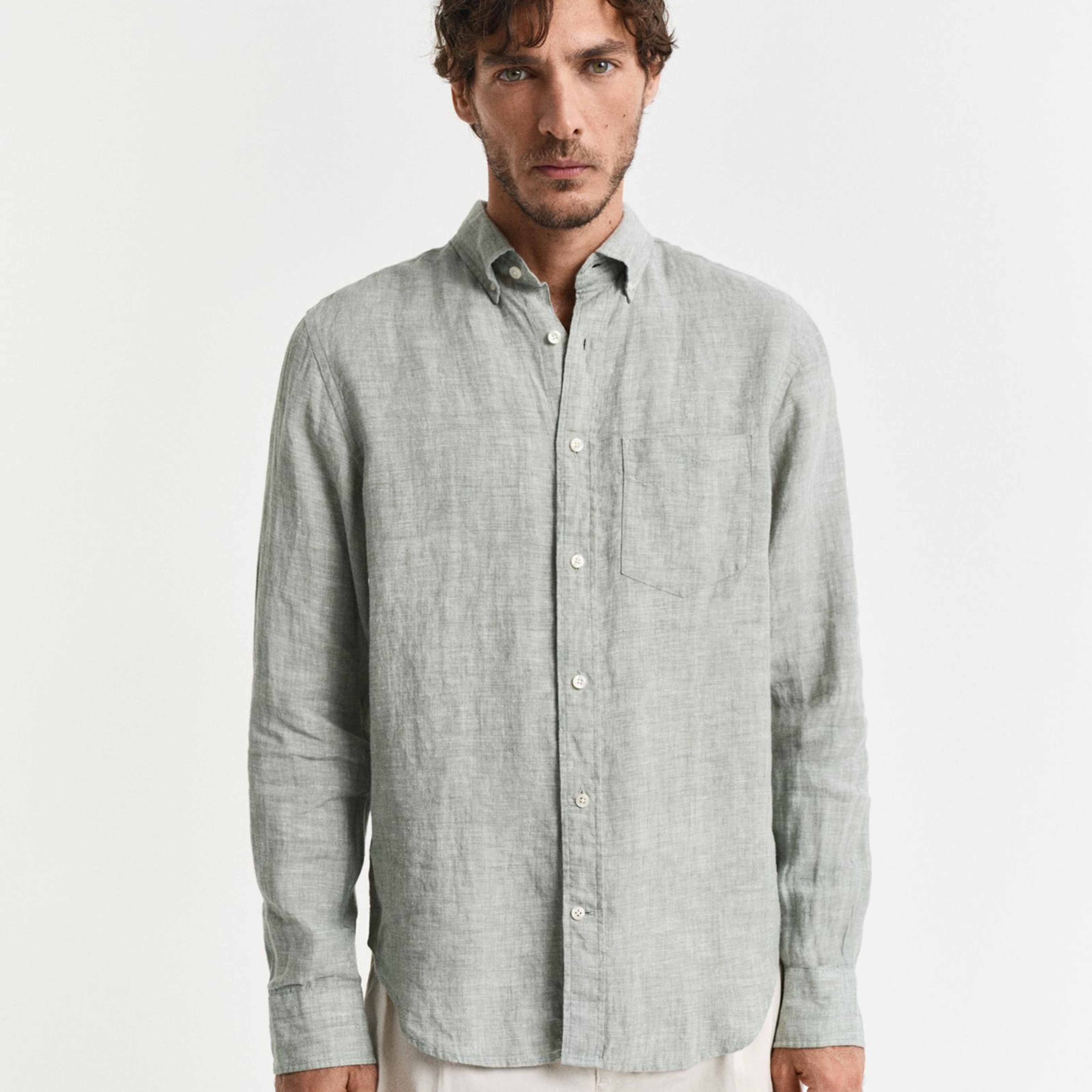 GANT Erkek Yeşil Regular Fit Düğmeli Yaka Keten Gömlek