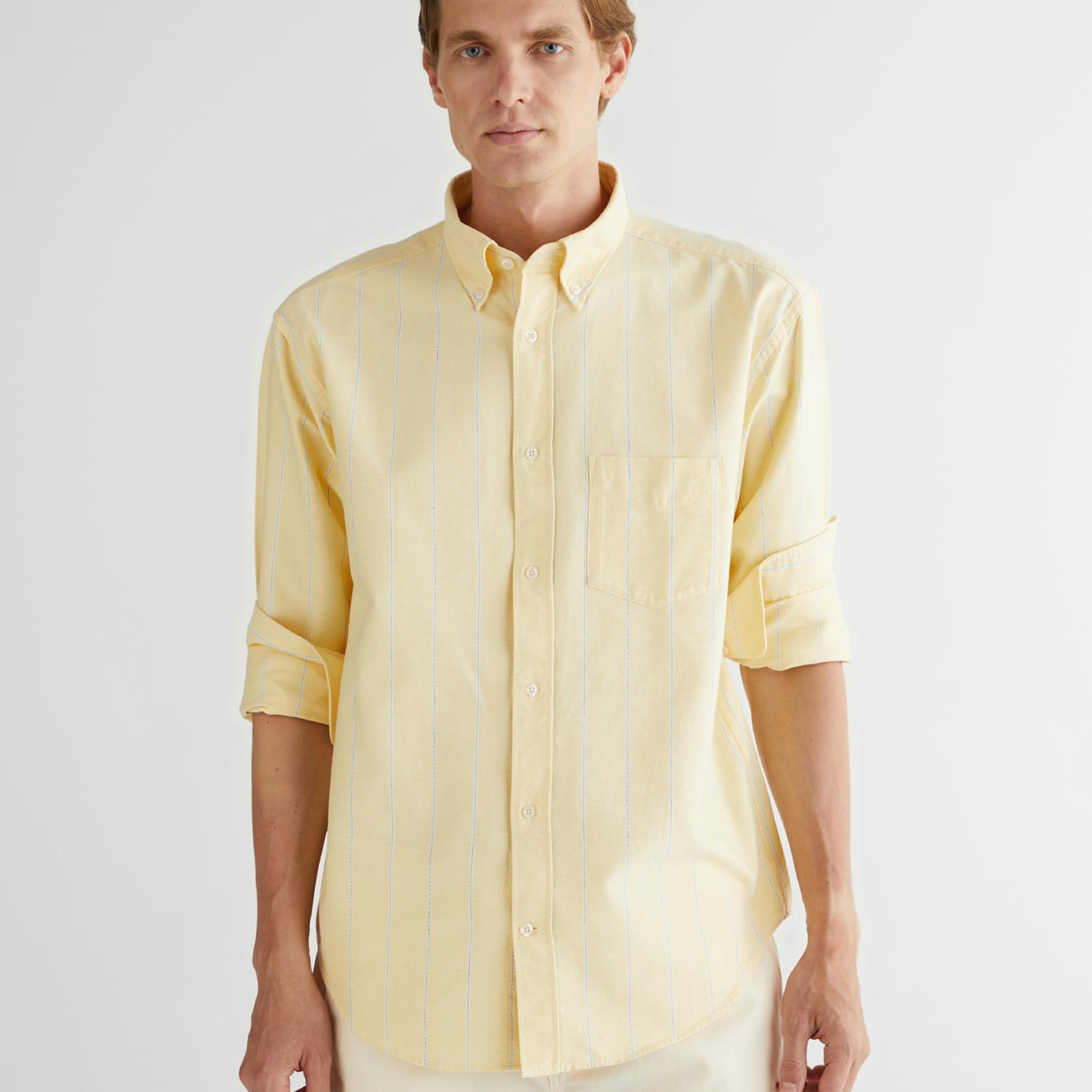 GANT Erkek Sarı Relaxed Fit Düğmeli Yaka Çizgili Gömlek