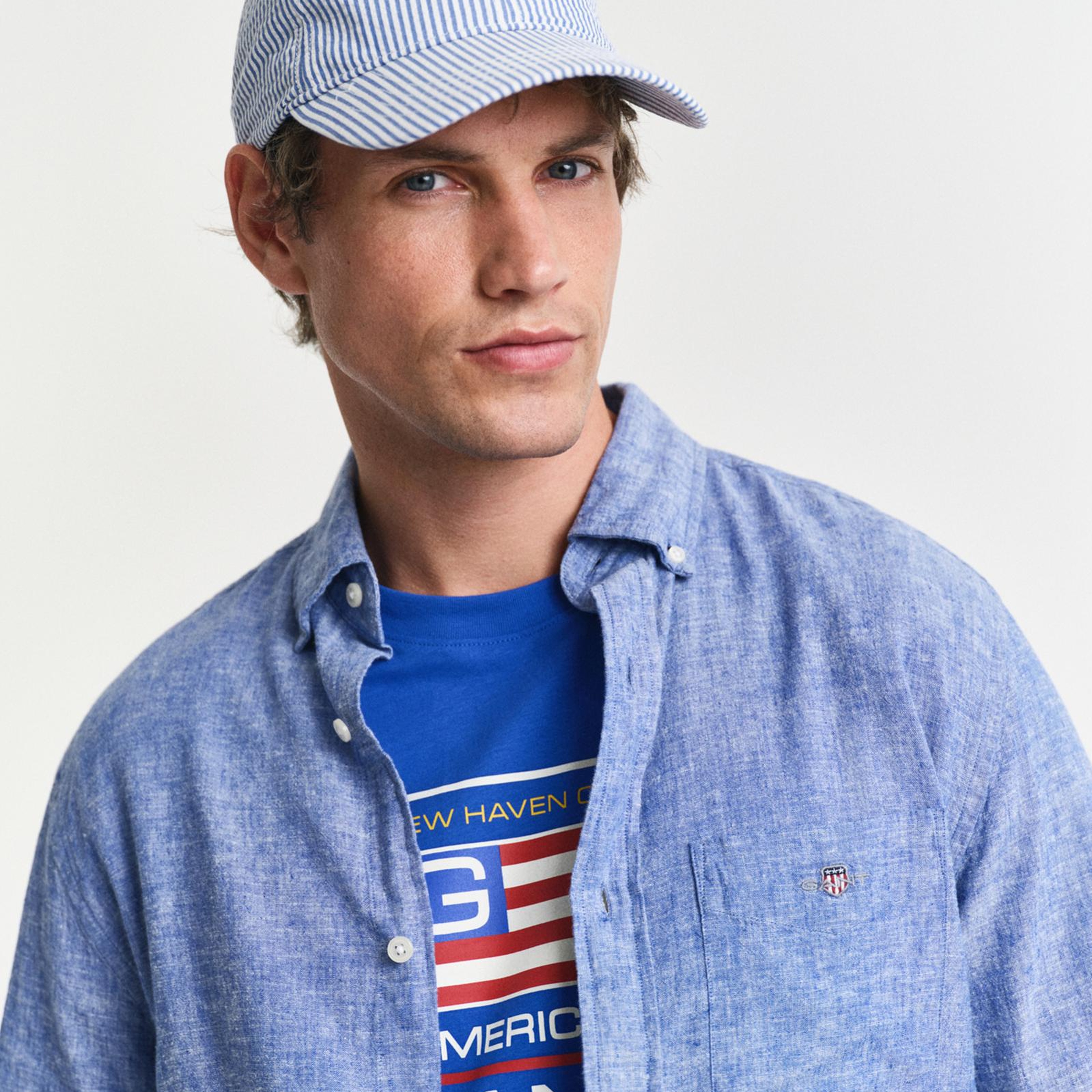 GANT Erkek Lacivert Regular Fit Düğmeli Yaka Keten Gömlek