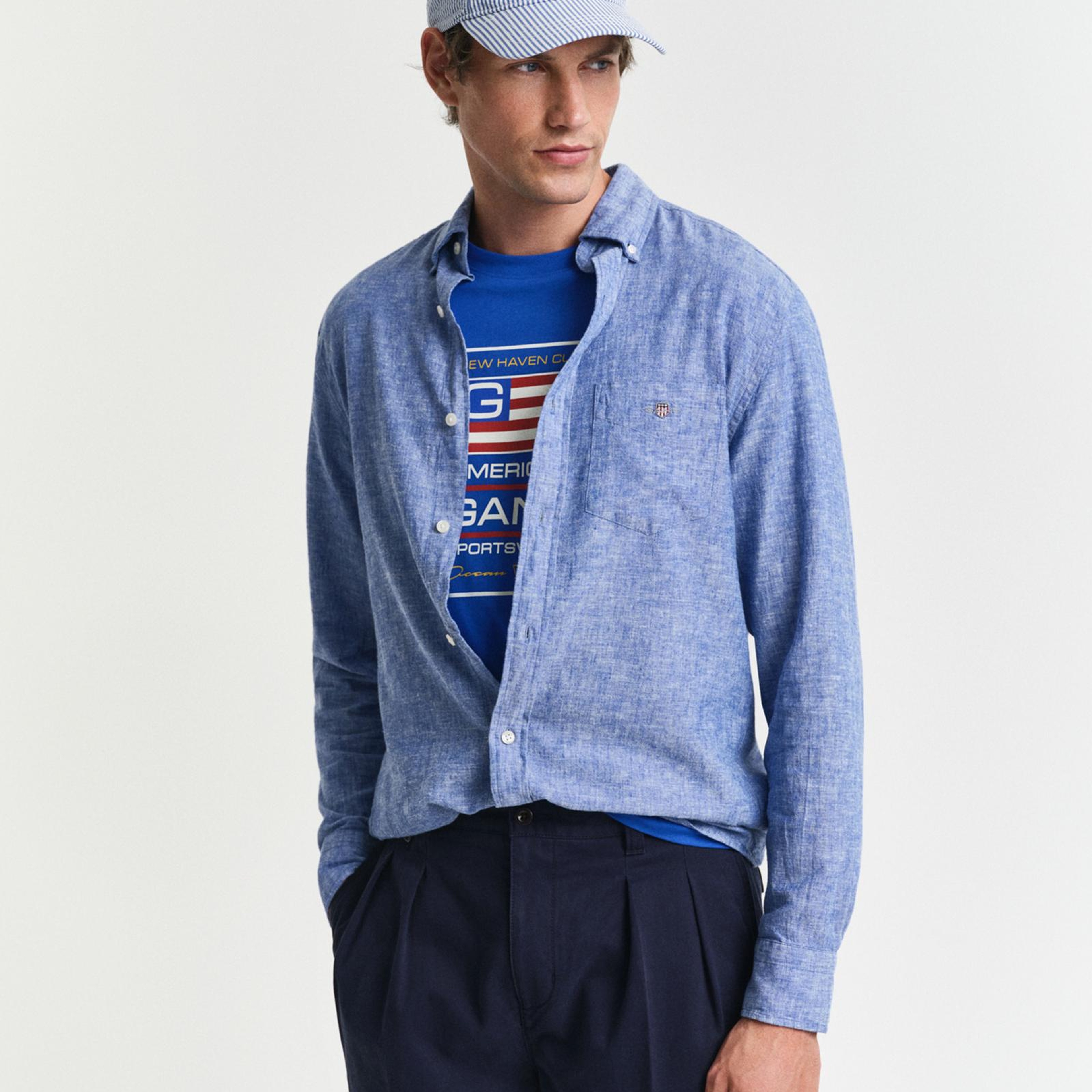 GANT Erkek Lacivert Regular Fit Düğmeli Yaka Keten Gömlek