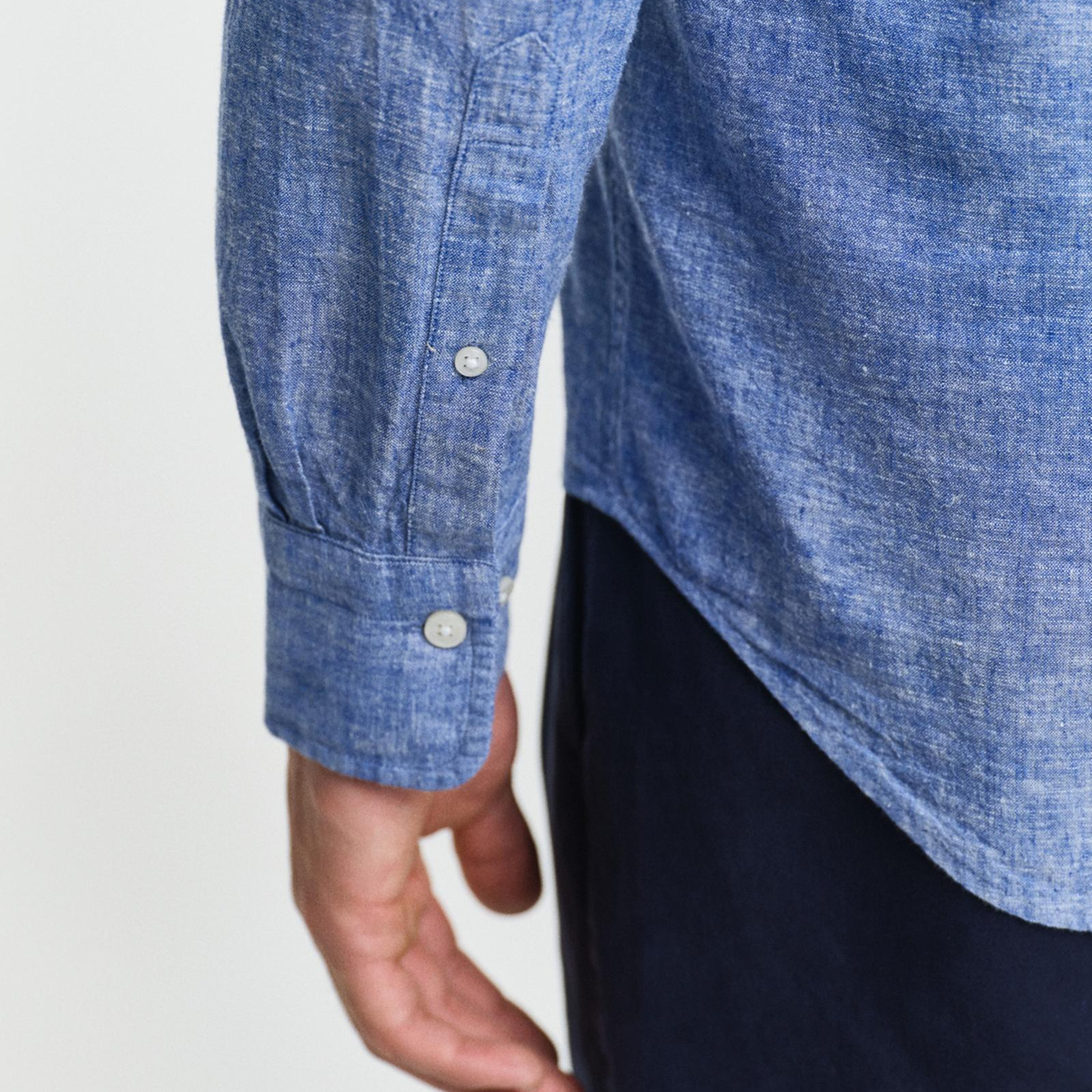 GANT Erkek Lacivert Regular Fit Düğmeli Yaka Keten Gömlek