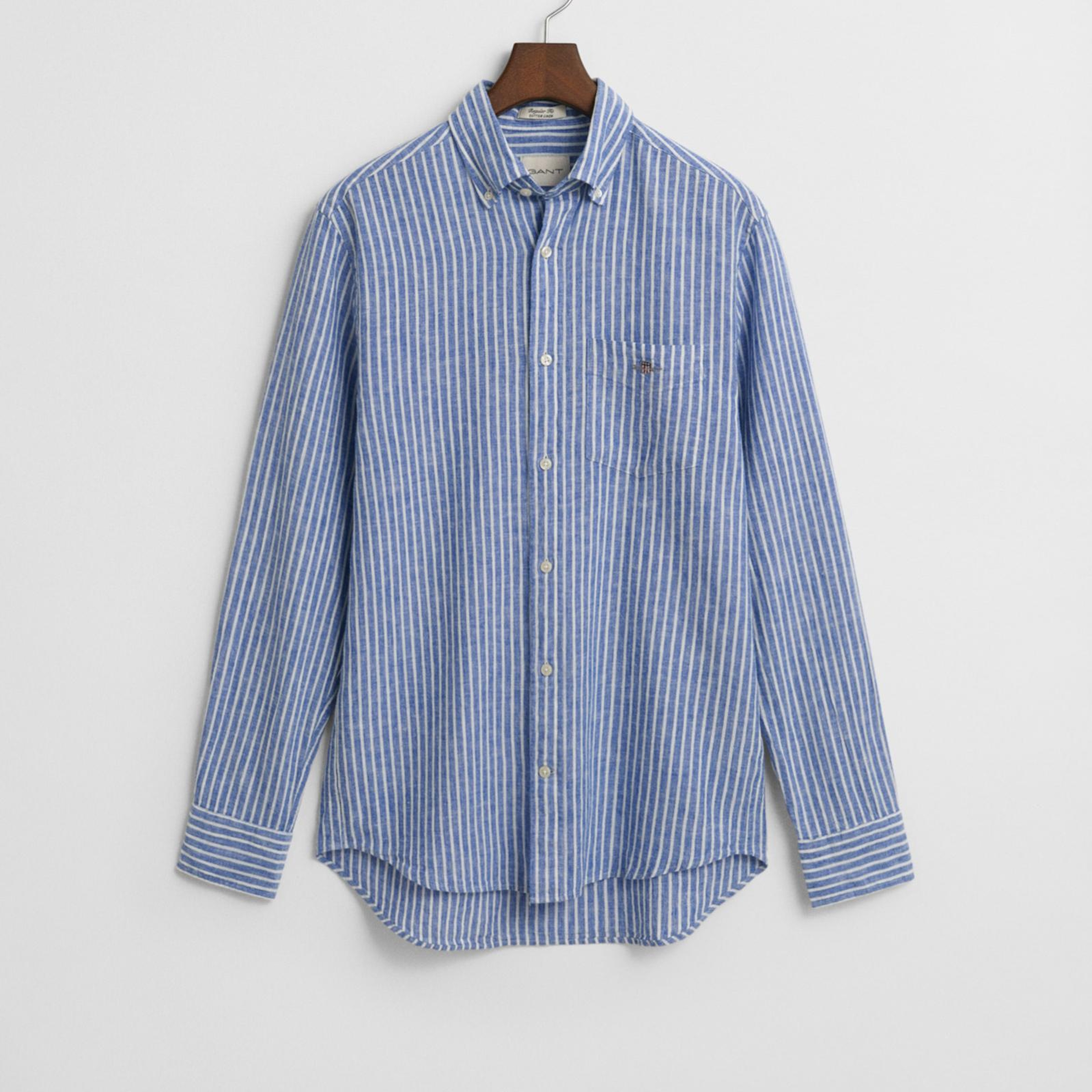 GANT Erkek Lacivert Regular Fit Düğmeli Yaka Çizgili Keten Gömlek