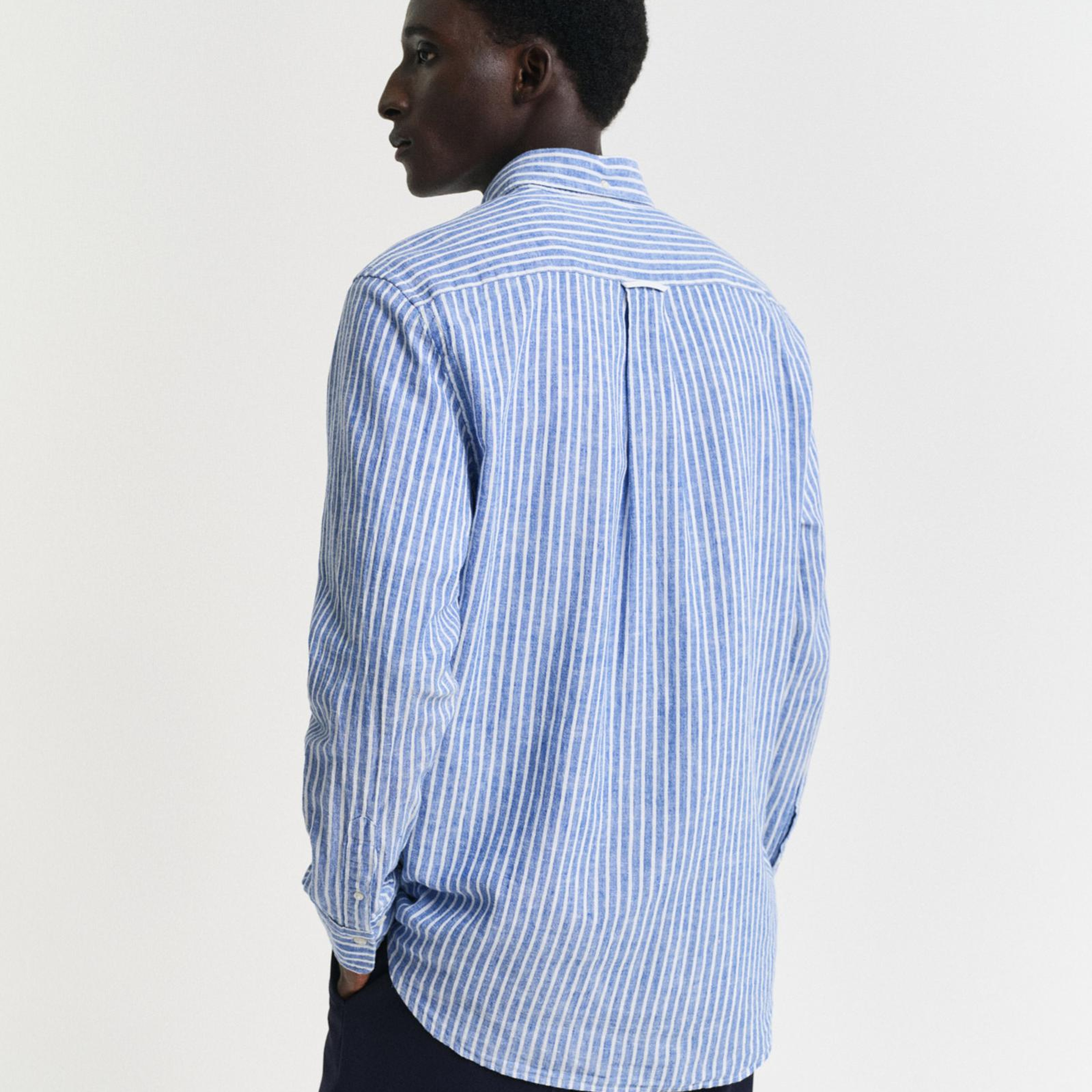 GANT Erkek Lacivert Regular Fit Düğmeli Yaka Çizgili Keten Gömlek