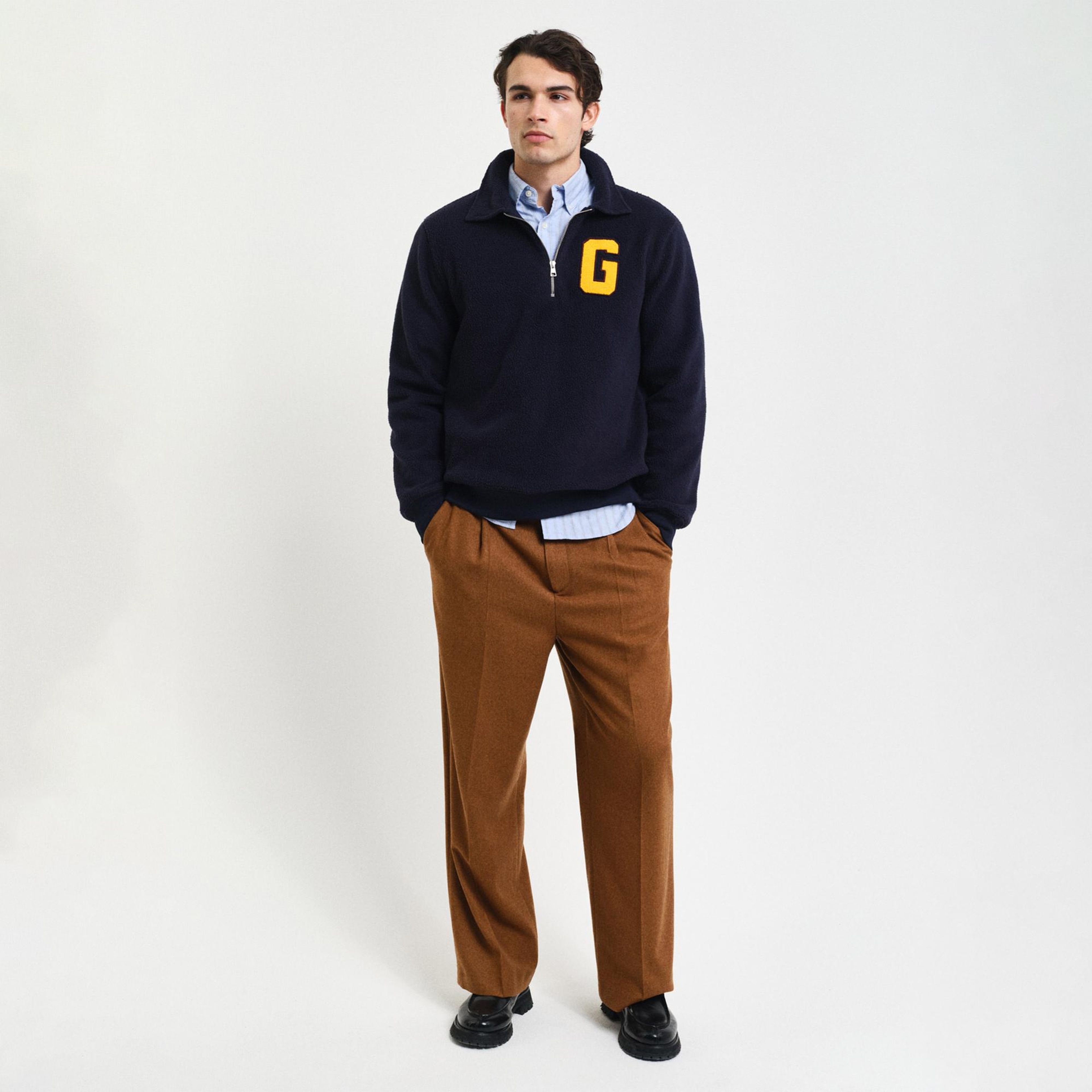 GANT Erkek Lacivert Regular Fit Yarım Fermuarlı Logolu Sweatshirt
