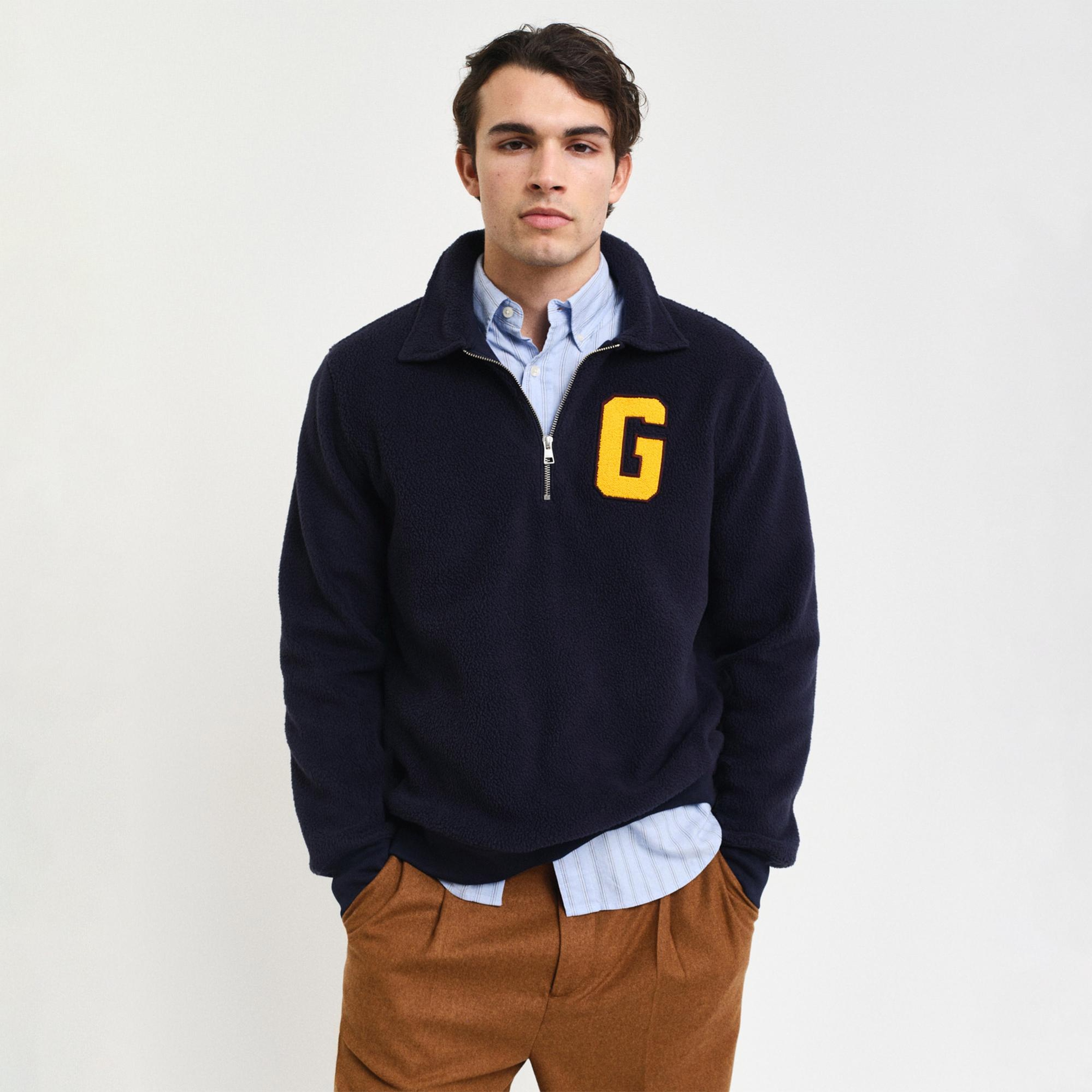 GANT Erkek Lacivert Regular Fit Yarım Fermuarlı Logolu Sweatshirt