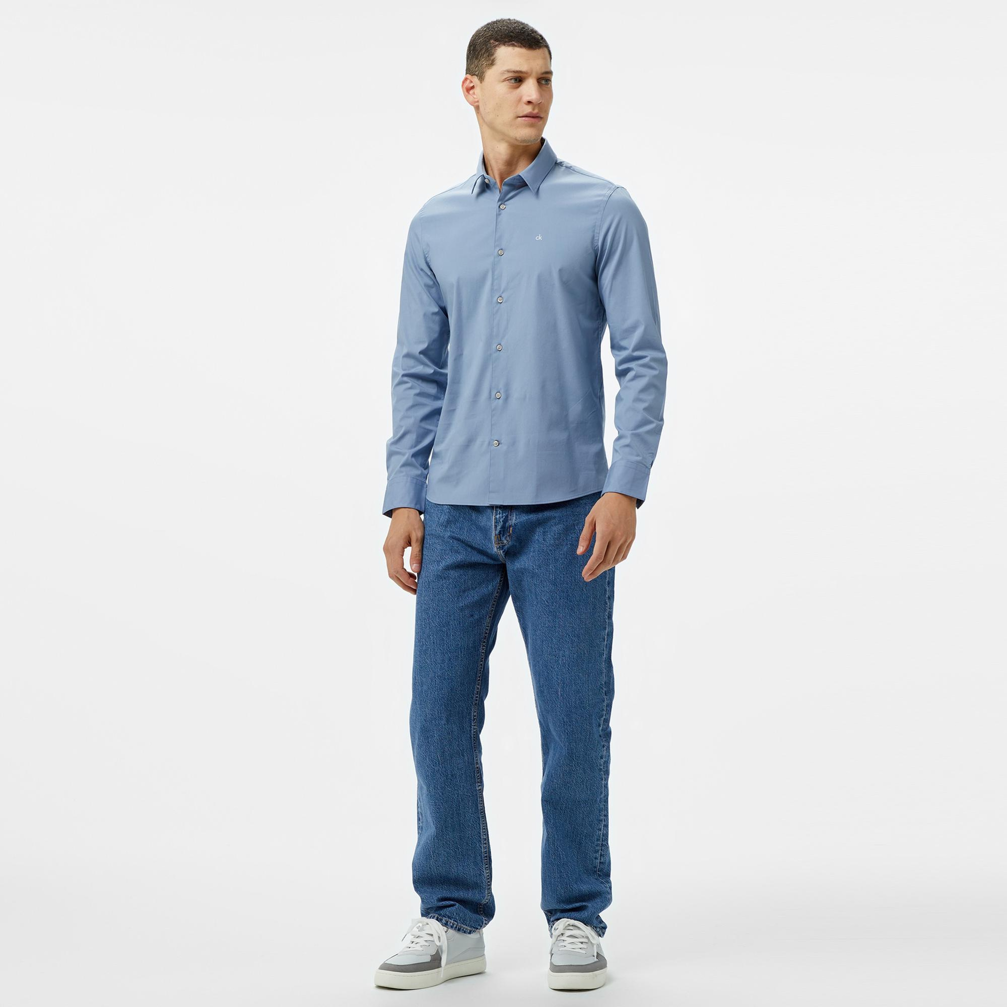 Calvin Klein Poplin Stretch Slim Erkek Mavi Gömlek