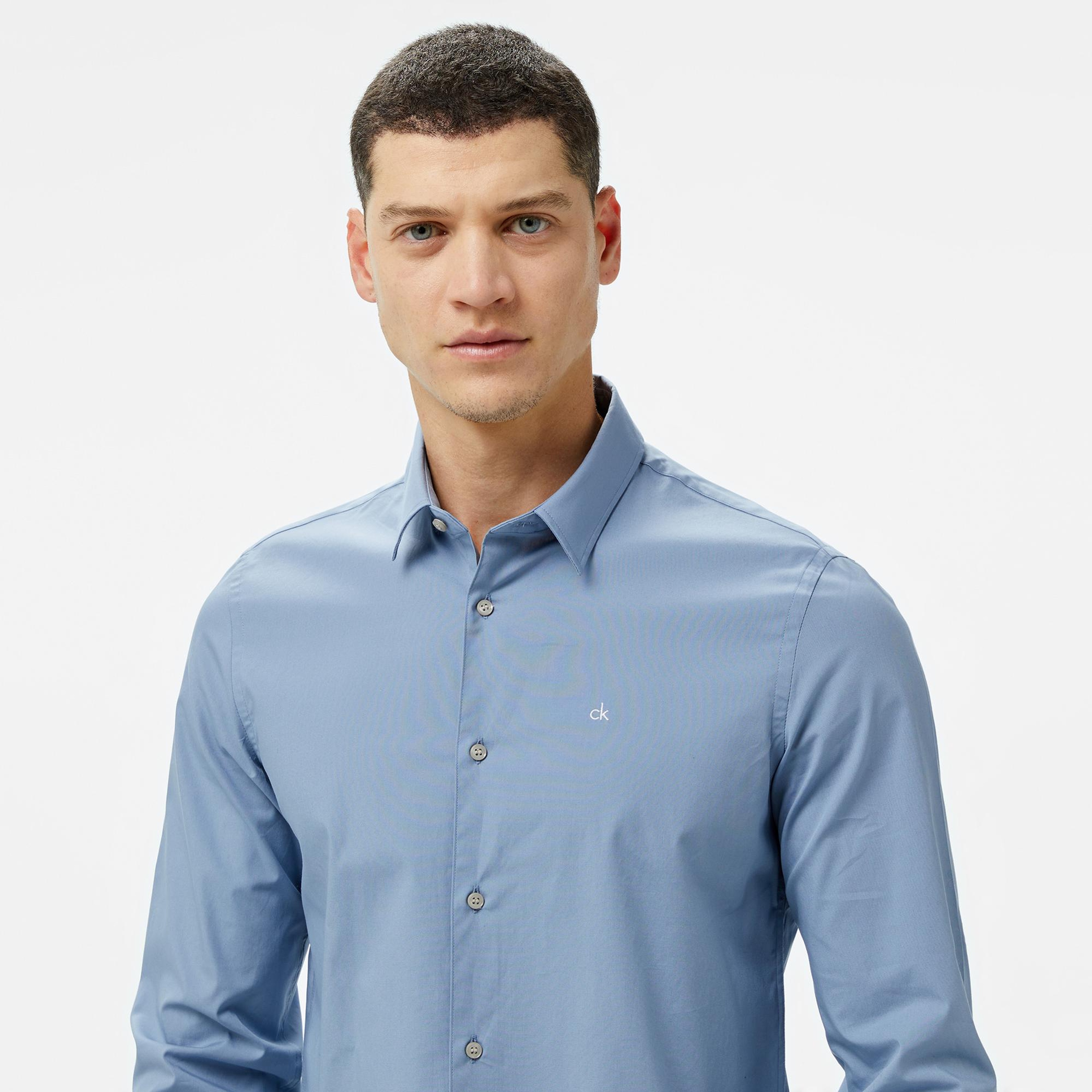 Calvin Klein Poplin Stretch Slim Erkek Mavi Gömlek