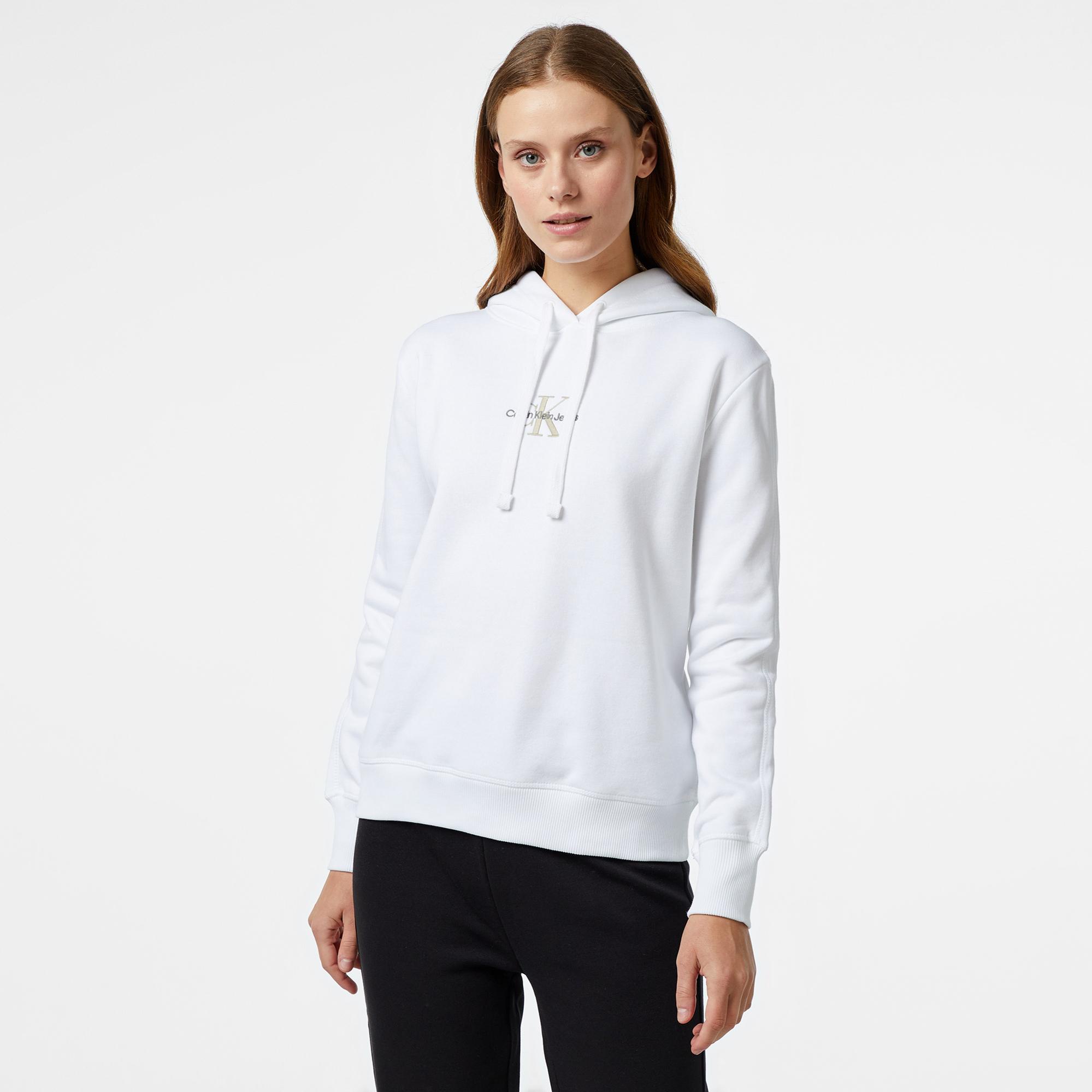 Calvin Klein Jeans Monologo Regular Kadın Beyaz Hoodie