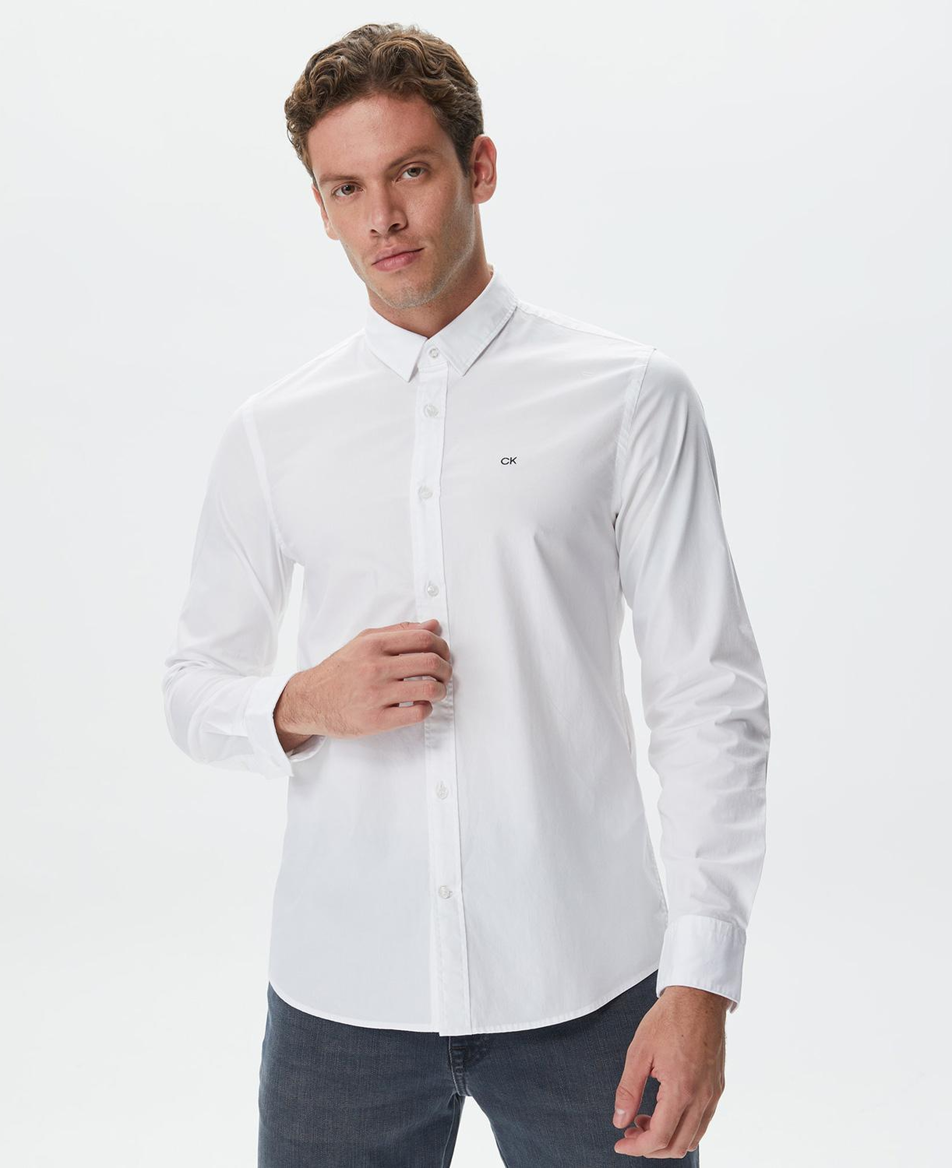 Calvin Klein Stretch Poplin Slim Erkek Beyaz Gömlek