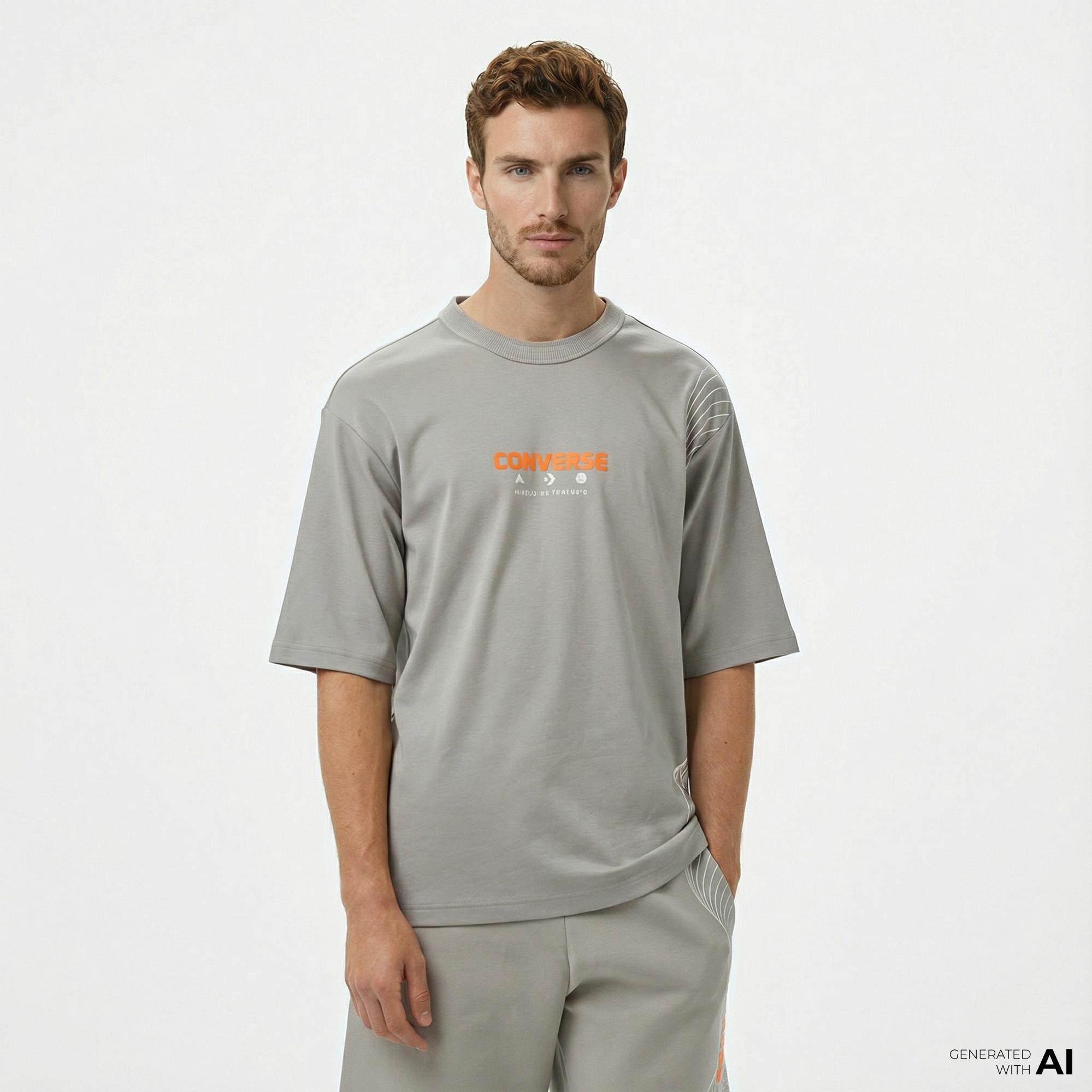 Converse Star Chevron Baskılı Oversize Fit Erkek Gri T-Shirt