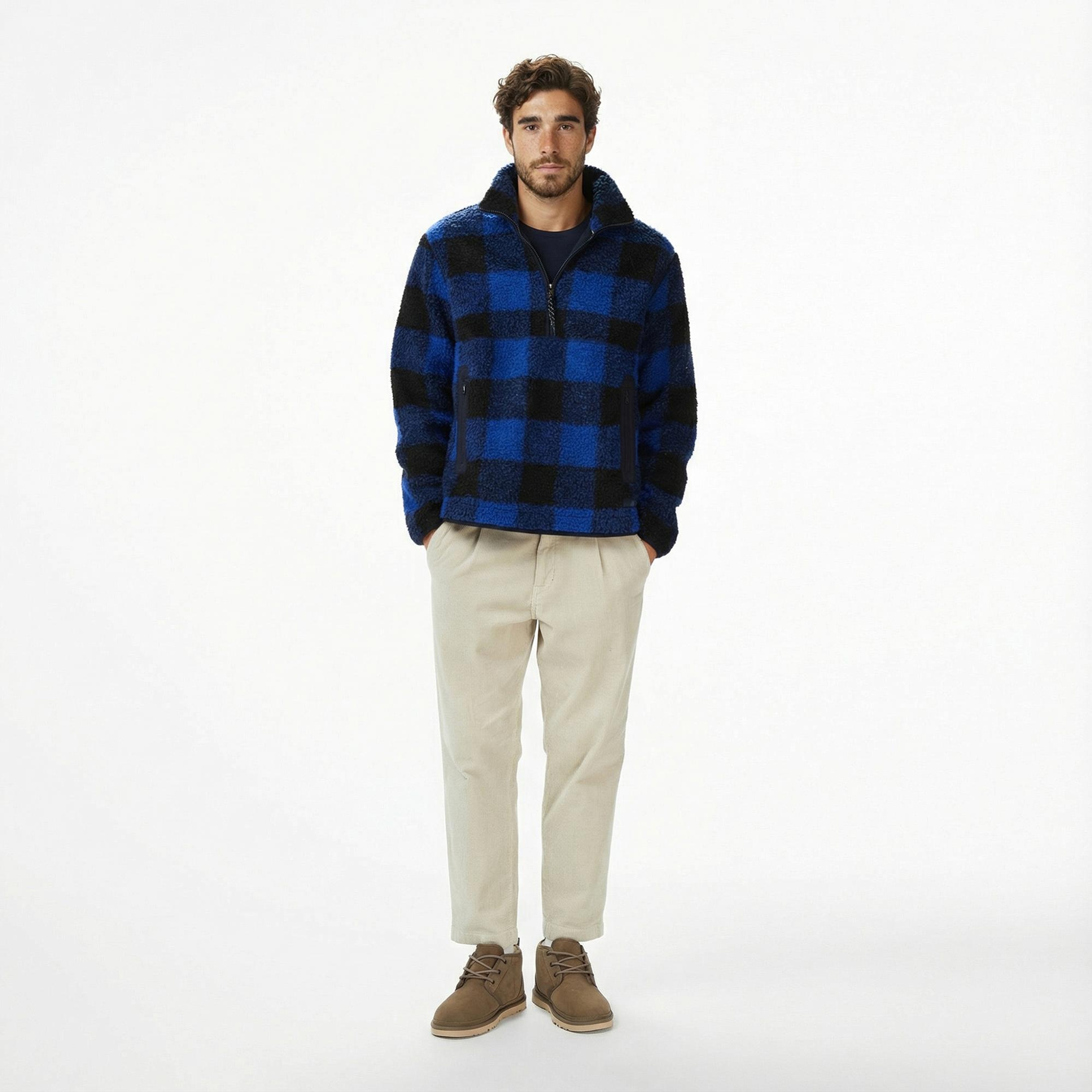 Tommy Hilfiger Teddy Fleece Check Pull Over Erkek Mavi Sweatshirt
