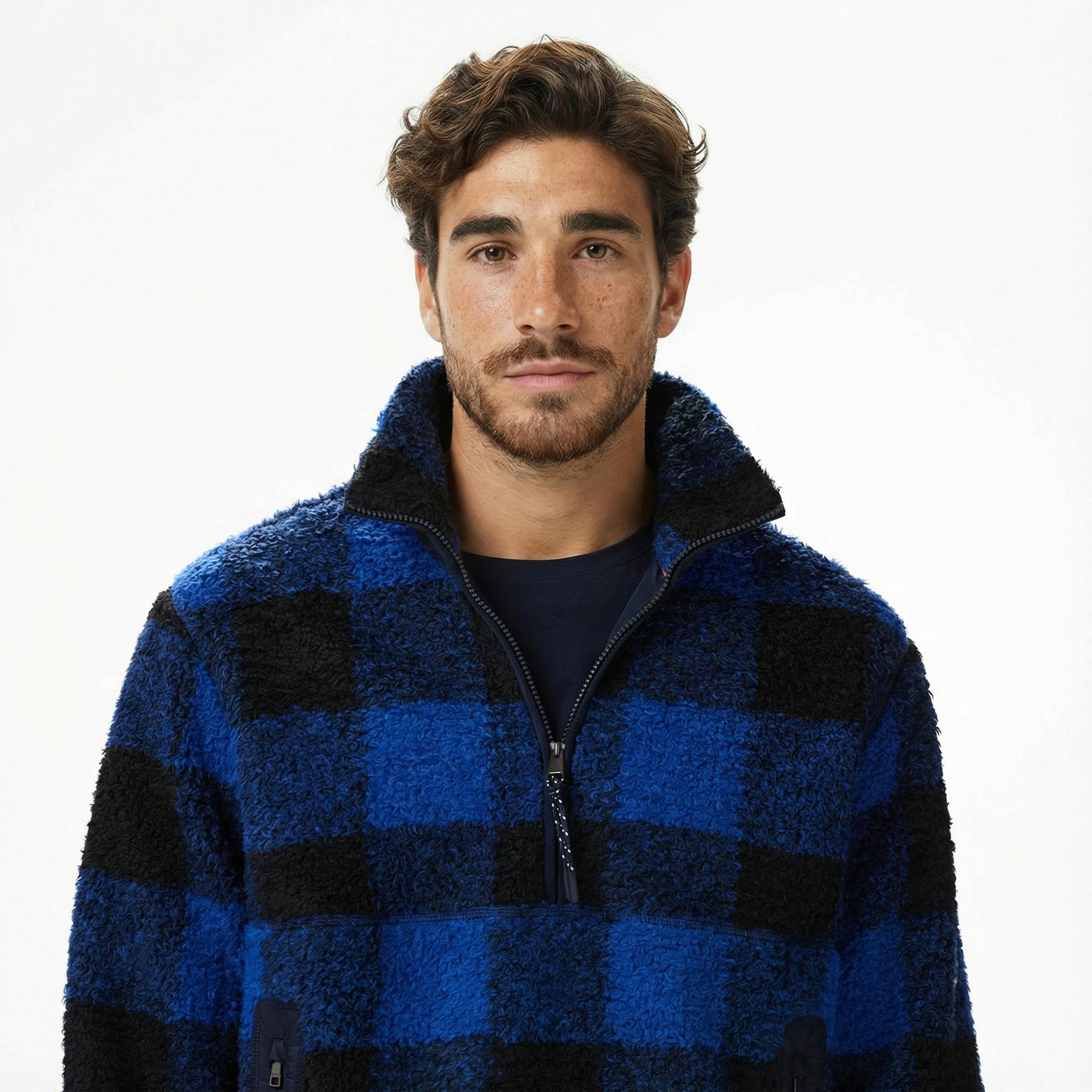 Tommy Hilfiger Teddy Fleece Check Pull Over Erkek Mavi Sweatshirt