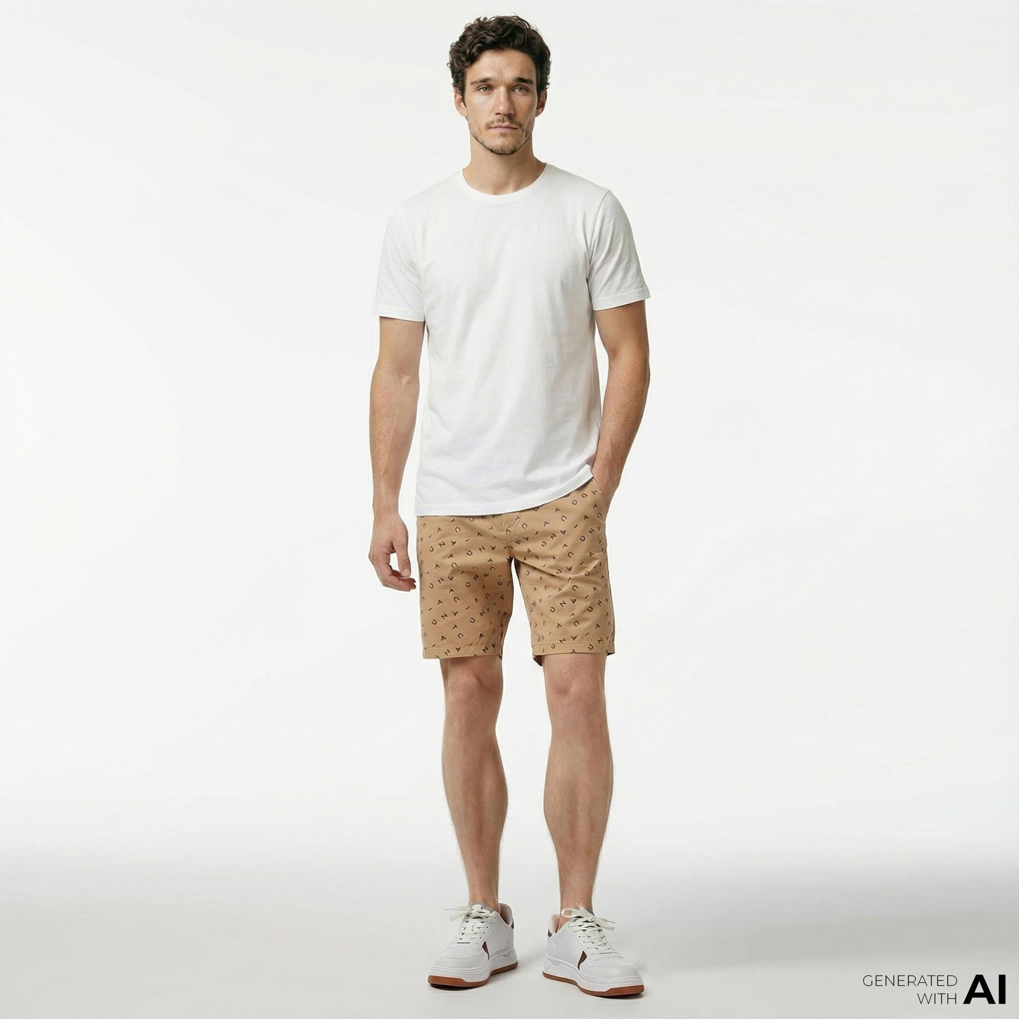 Nautica Erkek Bej Slim Fit Baskılı Bermuda